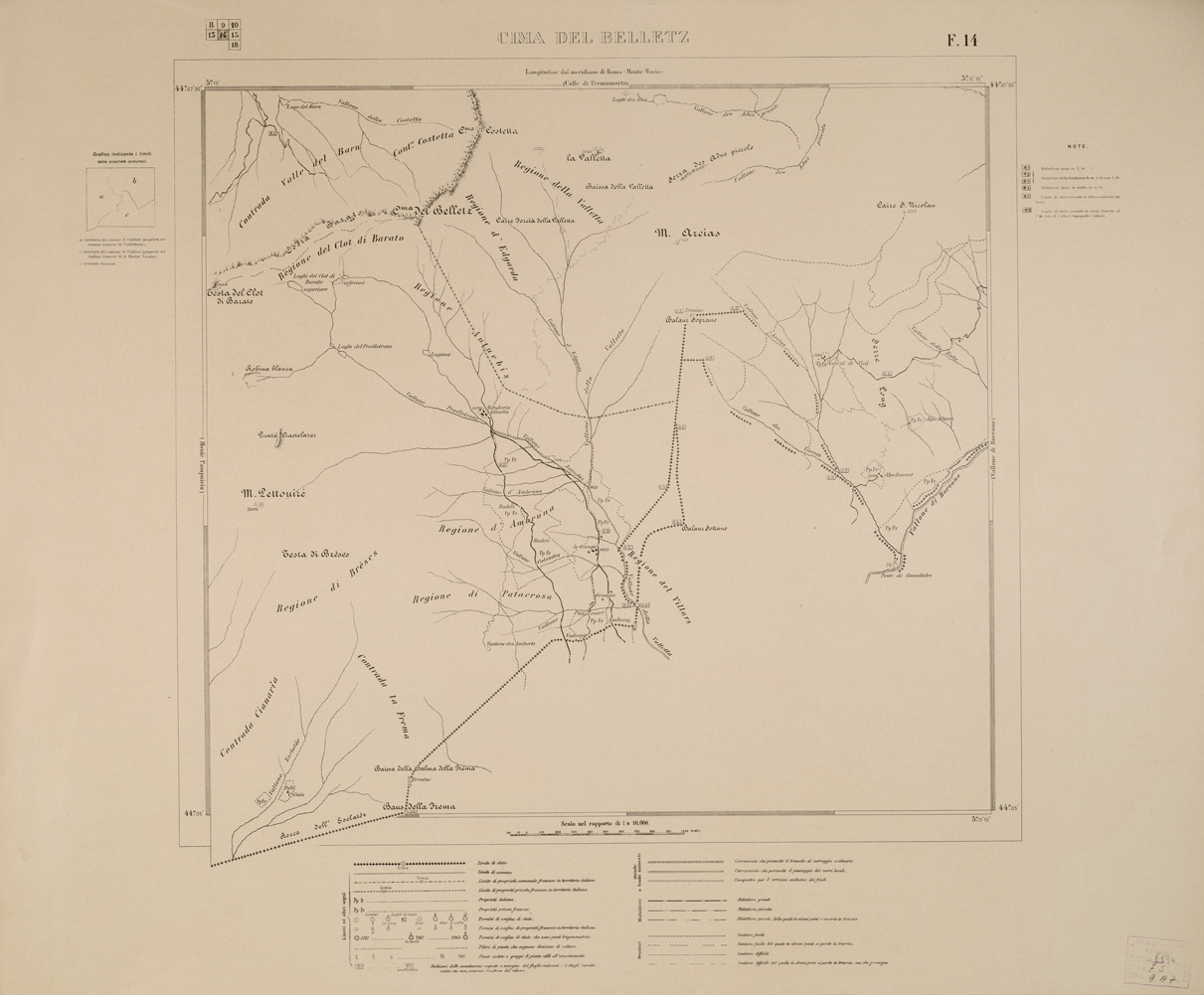 (N:13494) PIANO STRADALE AL 10.000 DELLA FRONTIERA VERSO L'ALTO NIZZARDO... - Foglio 14 - Cima del Belletz (B0004620) Carte e stampe antiche: riproduzione a colori su carta (formato A1)