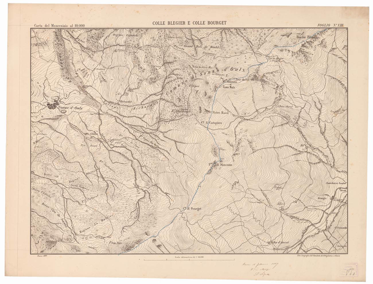 (N:3854) CARTA TOPOGRAFICA DEI FORTI DEL MONCENISIO, DI EXILLES E FENESTRELLE - Foglio 13 - Colle Blegier e Colle Bourget (B0004646) Carte e stampe antiche: riproduzione a colori su carta (formato A1)
