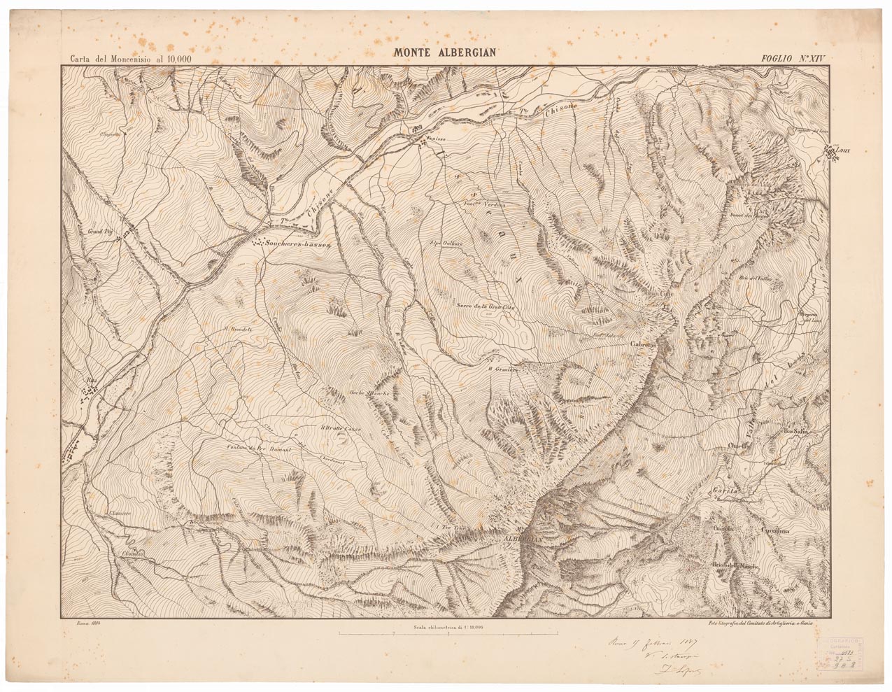 (N:3861) CARTA TOPOGRAFICA DEI FORTI DEL MONCENISIO, DI EXILLES E FENESTRELLE - Foglio 14 - Monte Albergian (B0004647) Carte e stampe antiche: riproduzione a colori su carta (formato A1)
