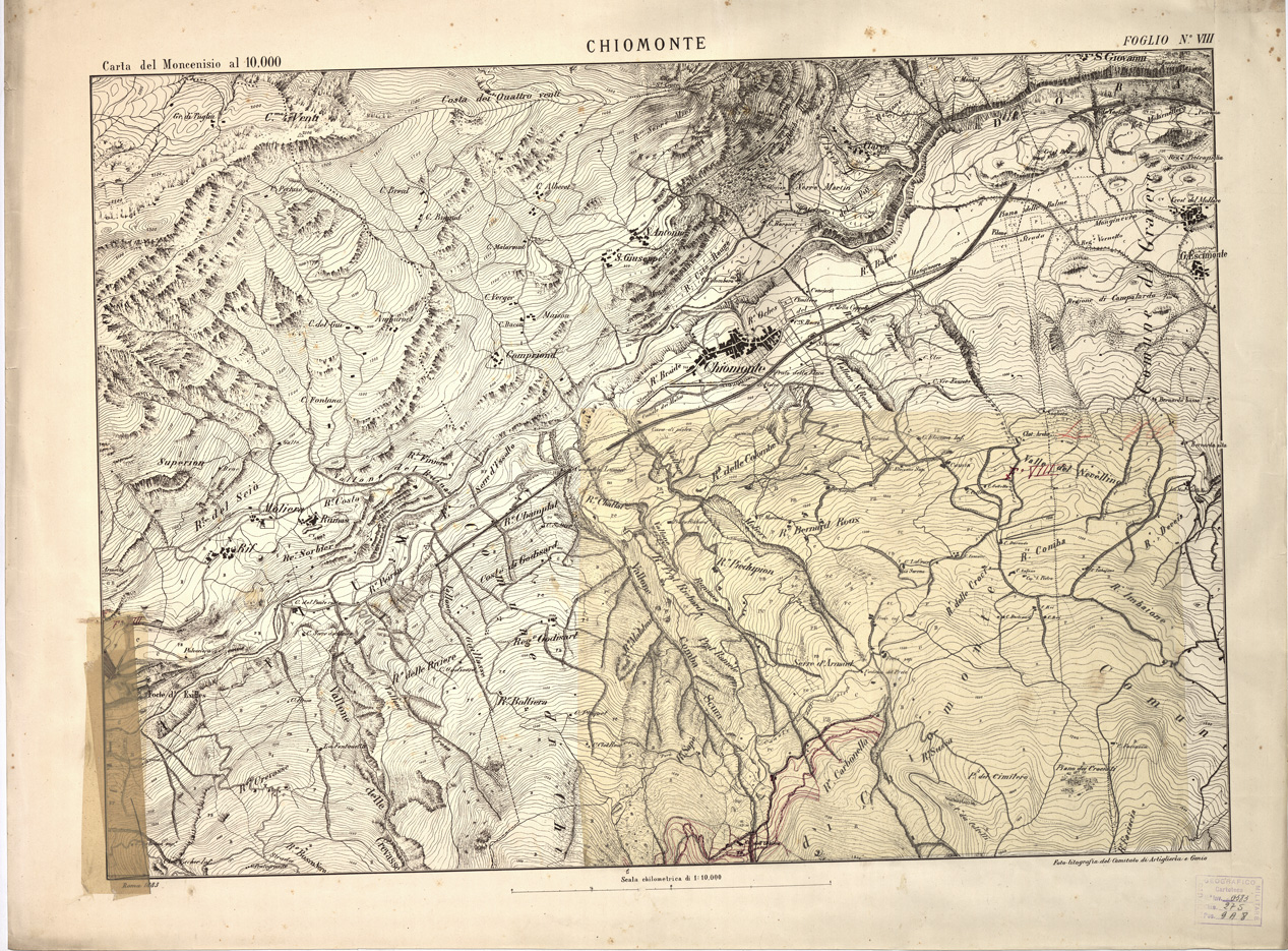 (N:3853) CARTA TOPOGRAFICA DEI FORTI DEL MONCENISIO, DI EXILLES E FENESTRELLE - Foglio 8 - Chiomonte (carta con velina) (B0004650) Carte e stampe antiche: riproduzione a colori su carta (formato A1)