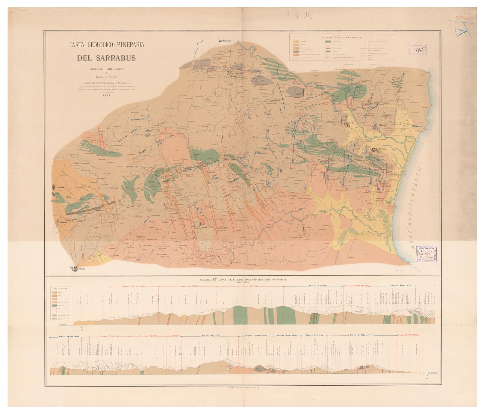 (N:5327) CARTA GEOLOGICO-MINERARIA DEL SARRABUS - ISOLA DI SARDEGNA (B0004676) Carte e stampe antiche: riproduzione a colori su carta (formato A1)