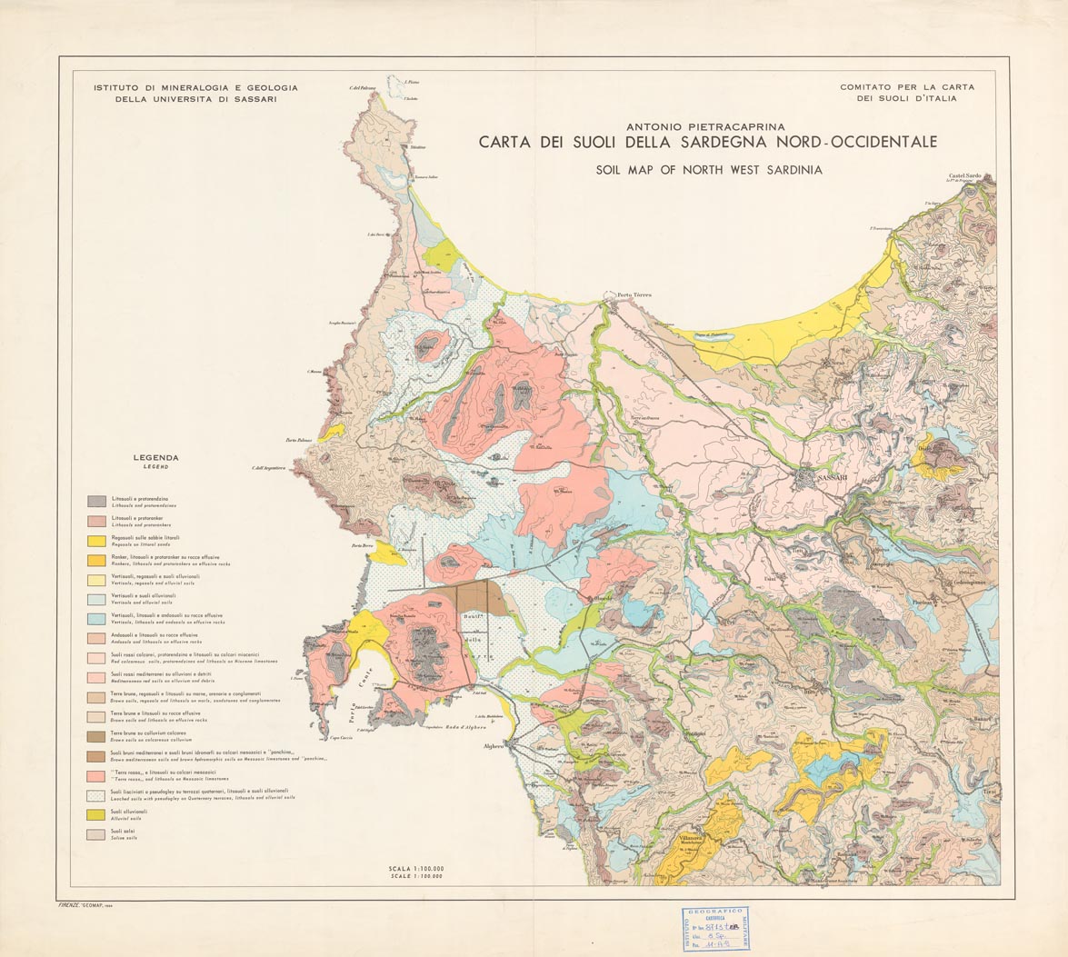 (N:1749) ANTONIO PIETRACAPRINA, CARTA DEI SUOLI DELLA SARGEGNA Nord-OCCIDENTALE SOIL MAP OF NORTH WEST SARDINIA. (B0004678) Carte e stampe antiche: riproduzione a colori su carta (formato A1)