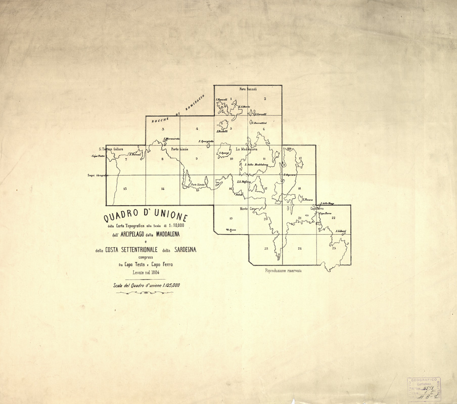 (N:6913) CARTA TOPOGRAFICA DELL'ARCIPELAGO DELLA MADDALENA... - Quadro d'Unione (B0004686) Carte e stampe antiche: riproduzione a colori su carta (formato A1)