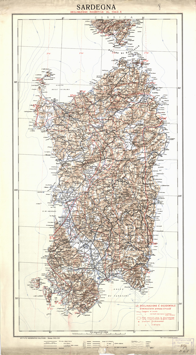 (N:15710) SARDEGNA - DECLINAZIONE MAGNETICA AL 1943-5 (B0004735) Carte e stampe antiche: riproduzione a colori su carta (formato A1)