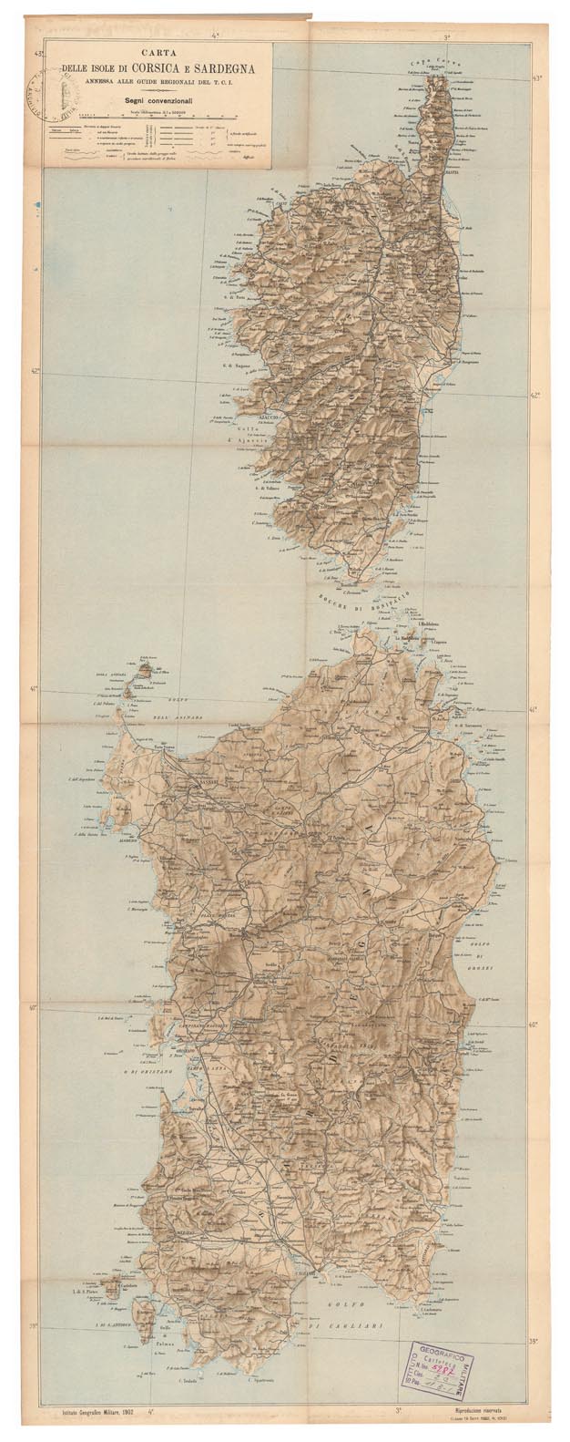 (N:3834) CARTA DELLE ISOLE DI CORSICA E SARDEGNA ANNESSA ALLE GUIDE REGIONALI DEL T. C. I.. (B0004740) Carte e stampe antiche: riproduzione a colori su carta (formato A1)