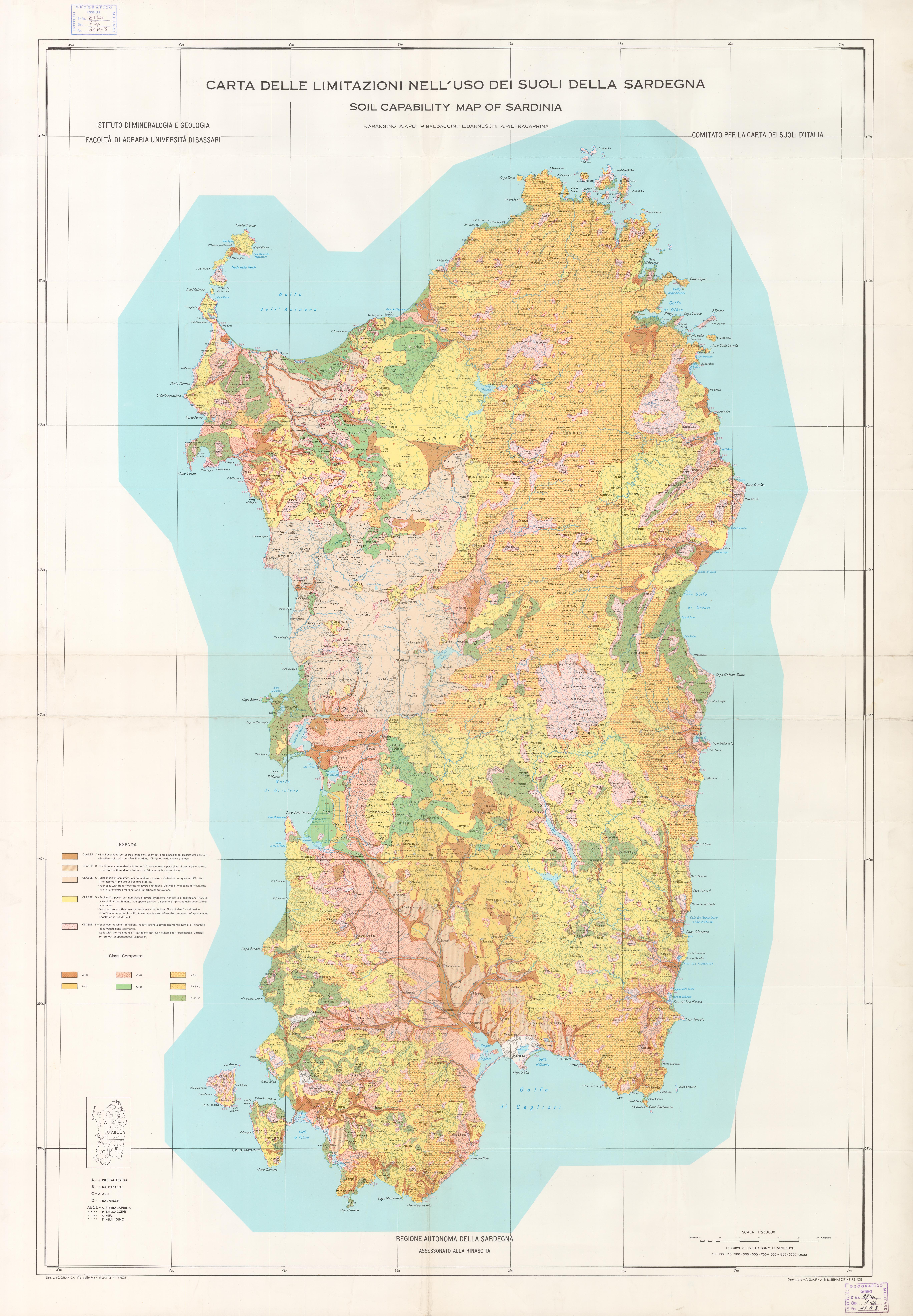 (N:3835) CARTA DELLE LIMITAZIONI NELL'USO DEI SUOLI DELLA SARDEGNA SOIL CAPABILITY MAP OF SARDINIA (B0004744) Carte e stampe antiche: riproduzione a colori su carta (formato A1)