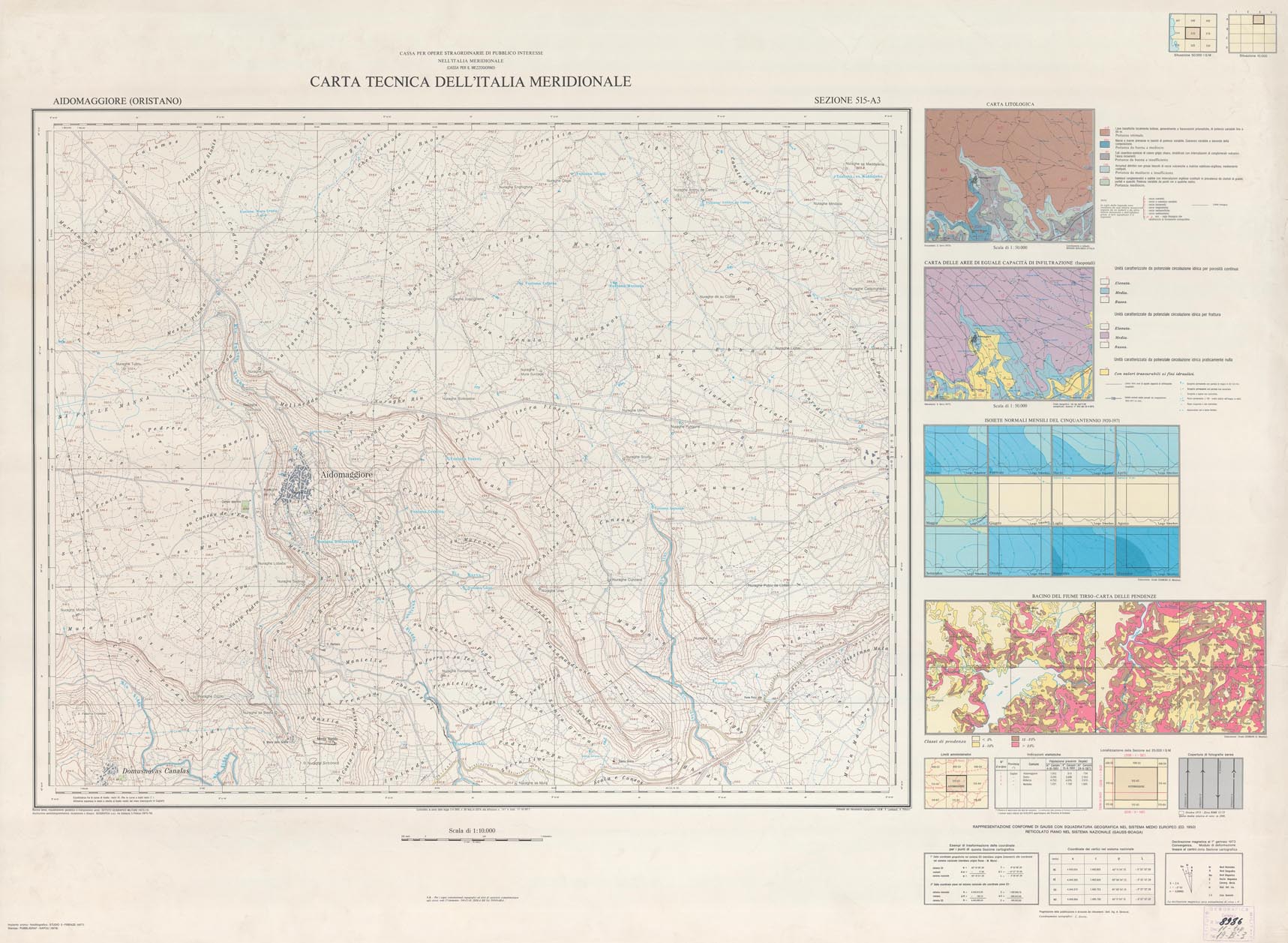 (N:6150) CARTA TECNICA DELL'ITALIA MERIDIONALE - INIZIO DEI RILIEVI SARDEGNA PER CONTO DELLA CASSA PER IL MEZZOGIORNO - Sezione 515-A3 - Aidomaggiore (Oristano) (B0004821) Carte e stampe antiche: riproduzione a colori su carta (formato A1)