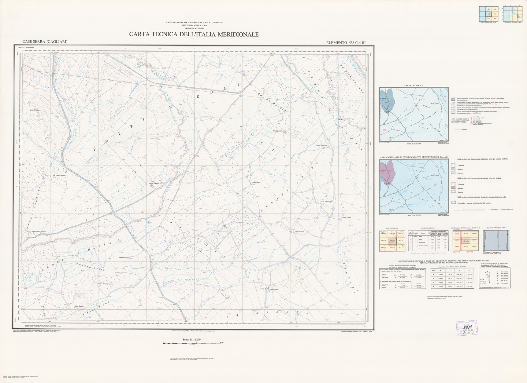 (N:5955) CARTA TECNICA DELL'ITALIA MERIDIONALE - INIZIO DEI RILIEVI SARDEGNA PER CONTO DELLA CASSA PER IL MEZZOGIORNO - Elemento 538-C4-III - Case Serra (Cagliari) (B0004850) Carte e stampe antiche: riproduzione a colori su carta (formato A1)