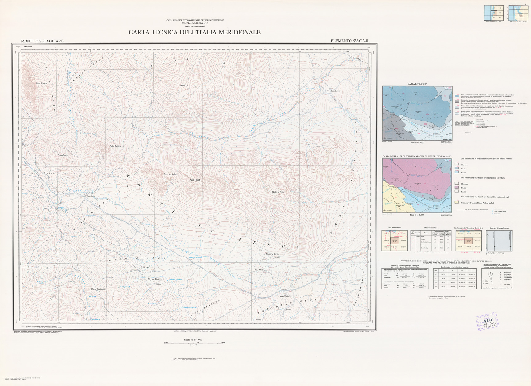 (N:6004) CARTA TECNICA DELL'ITALIA MERIDIONALE - INIZIO DEI RILIEVI SARDEGNA PER CONTO DELLA CASSA PER IL MEZZOGIORNO - Elemento 538-C3-II - Monte Ois (Cagliari) (B0004860) Carte e stampe antiche: riproduzione a colori su carta (formato A1)