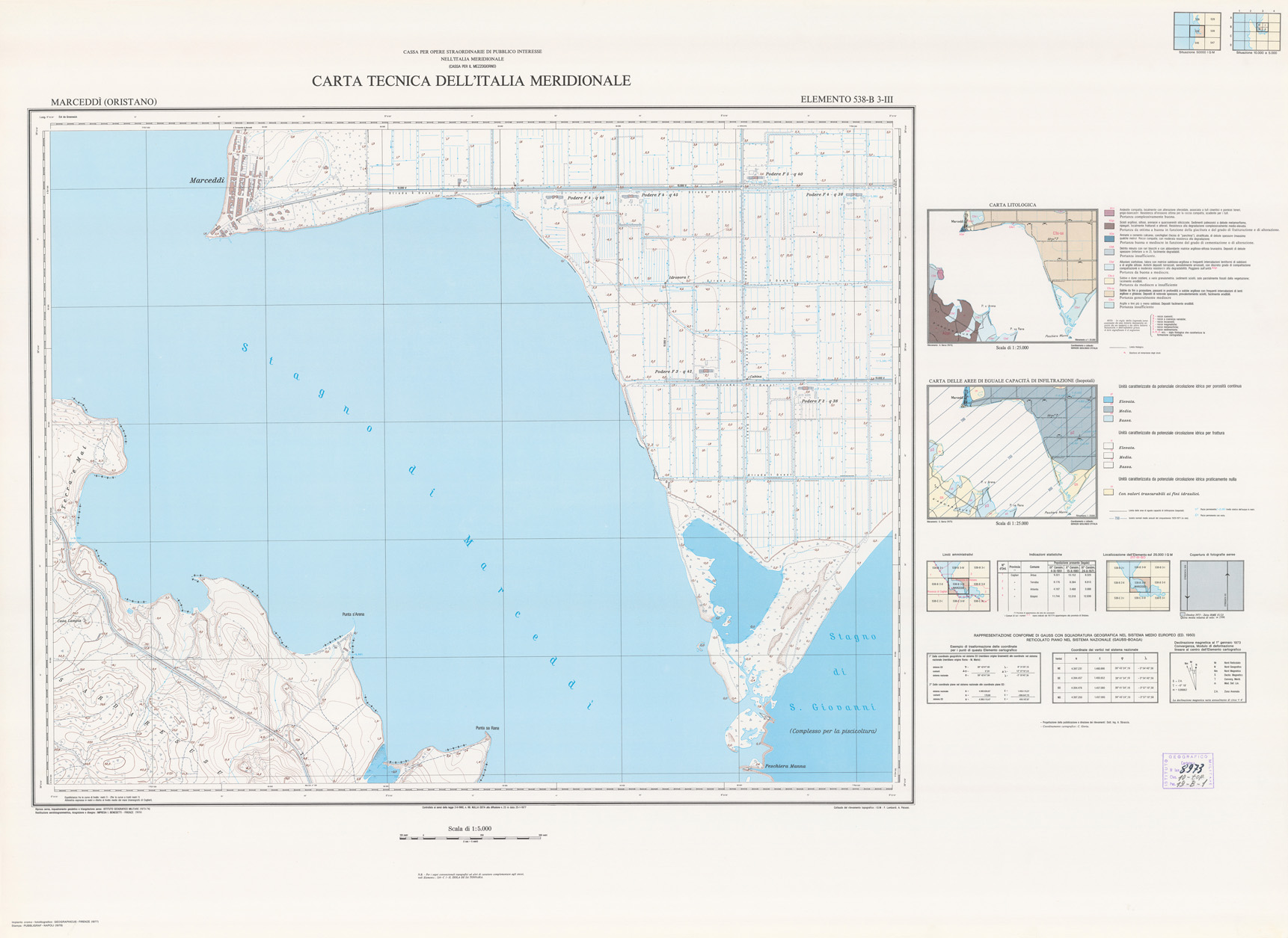 (N:5979) CARTA TECNICA DELL'ITALIA MERIDIONALE - INIZIO DEI RILIEVI SARDEGNA PER CONTO DELLA CASSA PER IL MEZZOGIORNO - Elemento 538-B3-III - Marcedd (Oristano) (B0004870) Carte e stampe antiche: riproduzione a colori su carta (formato A1)