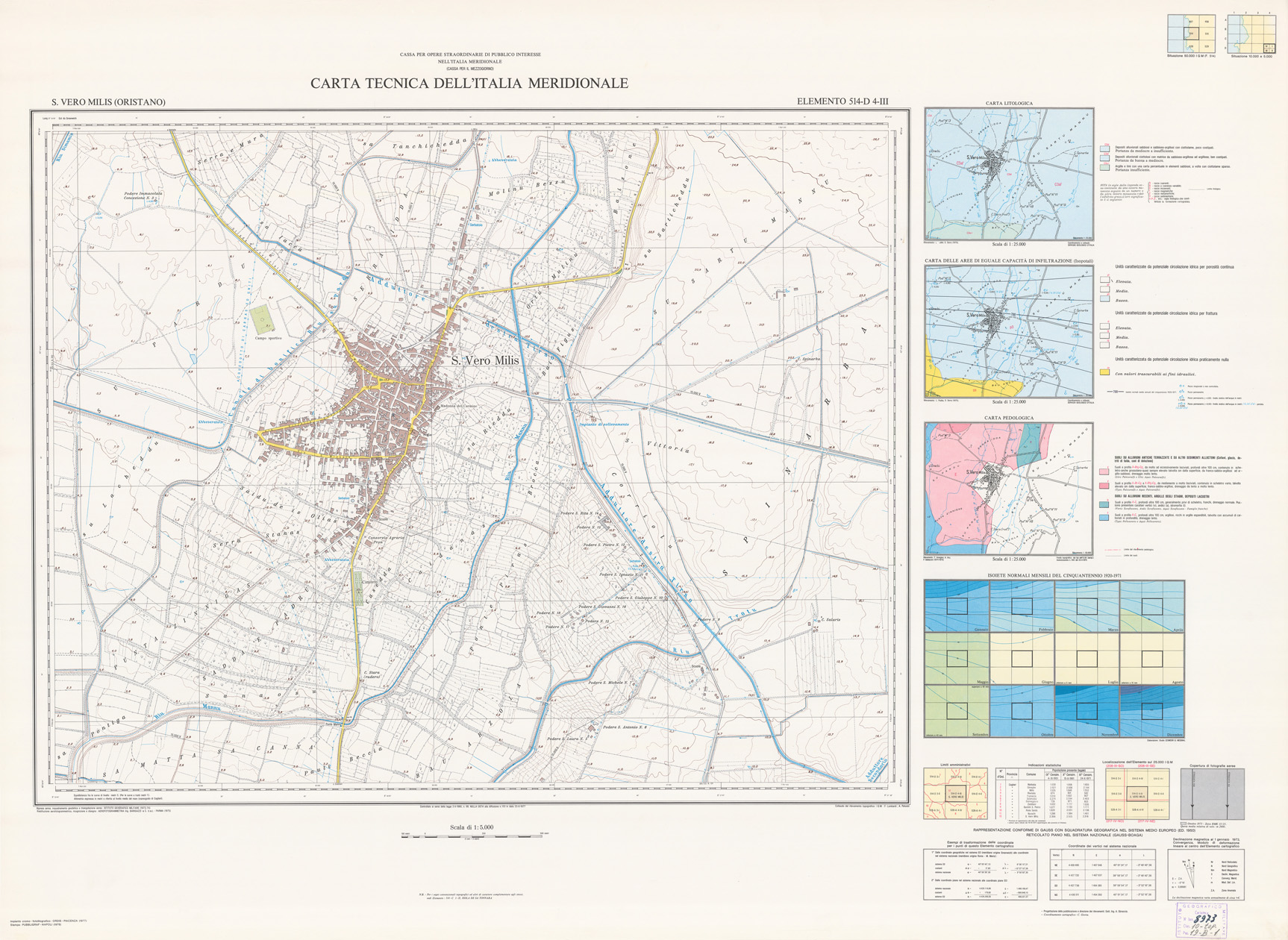 (N:6089) CARTA TECNICA DELL'ITALIA MERIDIONALE - INIZIO DEI RILIEVI SARDEGNA PER CONTO DELLA CASSA PER IL MEZZOGIORNO - Elemento 514-D4-III - S. Vero Milis (Oristano) (B0005014) Carte e stampe antiche: riproduzione a colori su carta (formato A1)