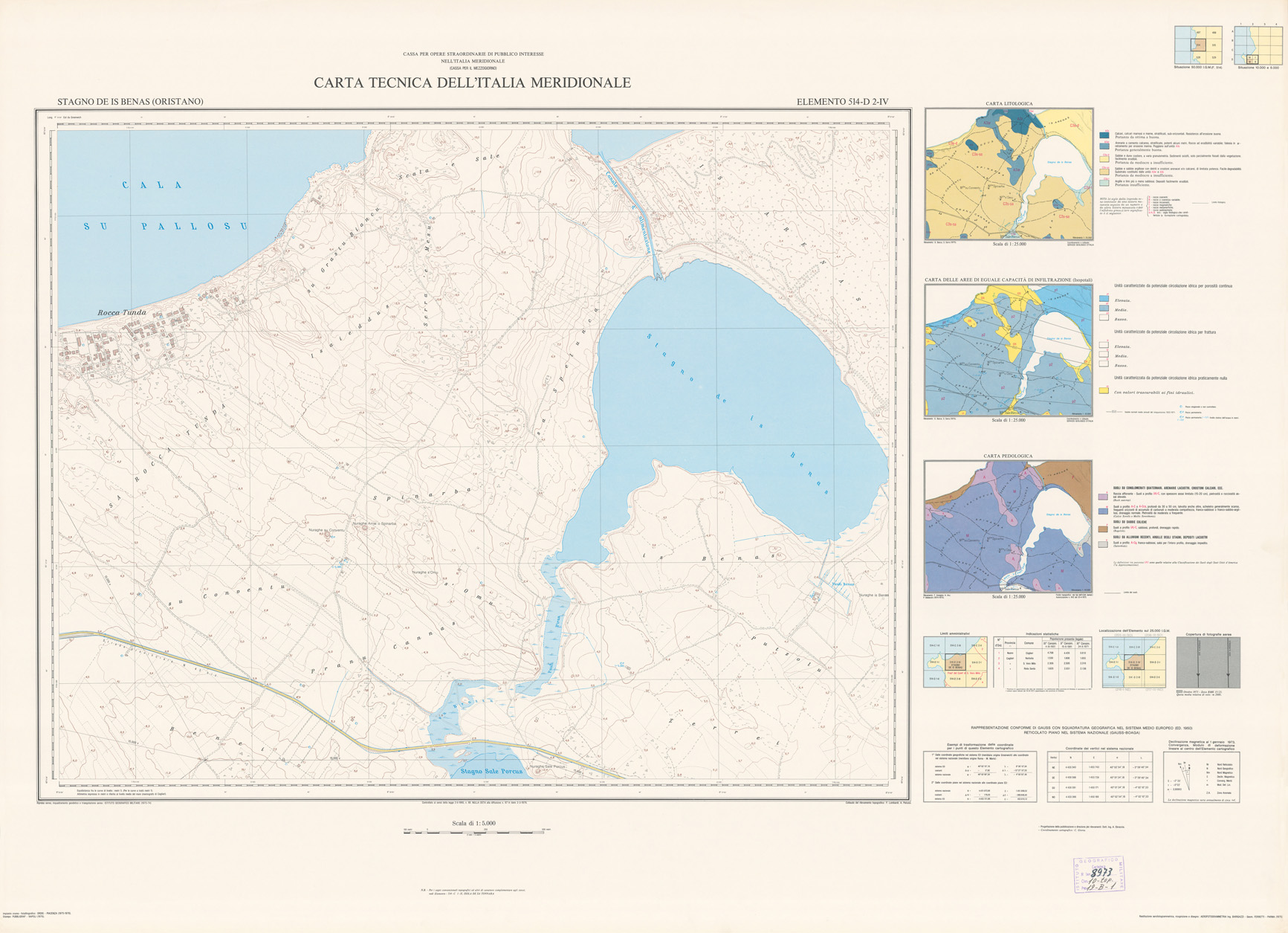 (N:6112) CARTA TECNICA DELL'ITALIA MERIDIONALE - INIZIO DEI RILIEVI SARDEGNA PER CONTO DELLA CASSA PER IL MEZZOGIORNO - Elemento 514-D2-IV - Stagno De Is Benas (Oristano) (B0005028) Carte e stampe antiche: riproduzione a colori su carta (formato A1)