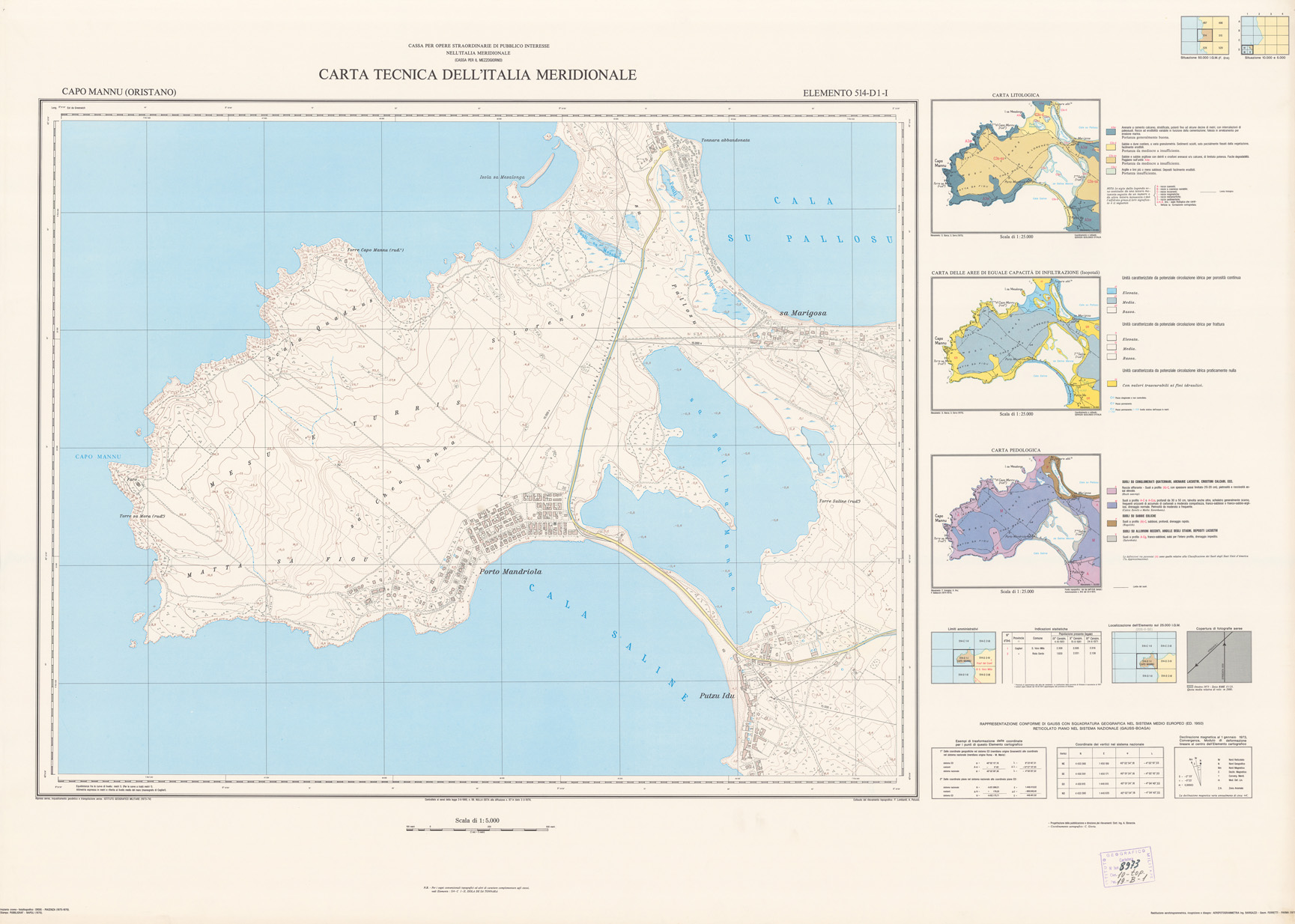 (N:5943) CARTA TECNICA DELL'ITALIA MERIDIONALE - INIZIO DEI RILIEVI SARDEGNA PER CONTO DELLA CASSA PER IL MEZZOGIORNO - Elemento 514-D1-I - Capo Mannu (Oristano) (B0005038) Carte e stampe antiche: riproduzione a colori su carta (formato A1)