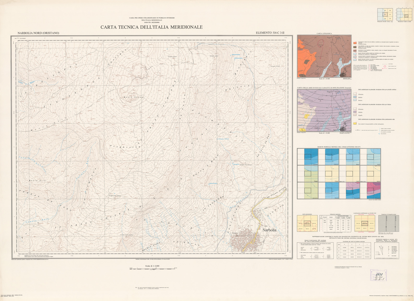 (N:6010) CARTA TECNICA DELL'ITALIA MERIDIONALE - INIZIO DEI RILIEVI SARDEGNA PER CONTO DELLA CASSA PER IL MEZZOGIORNO - Elemento 514-C3-II - Narbolia Nord (Oristano) (B0005046) Carte e stampe antiche: riproduzione a colori su carta (formato A1)