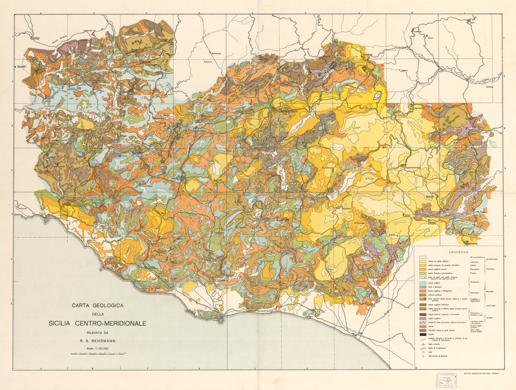 (N:5273) CARTA GEOLOGICA DELLA SICILIA CENTRO MERIDIONALE RILEVATA DA R.B. BEHRMANN (B0005052) Carte e stampe antiche: riproduzione a colori su carta (formato A1)