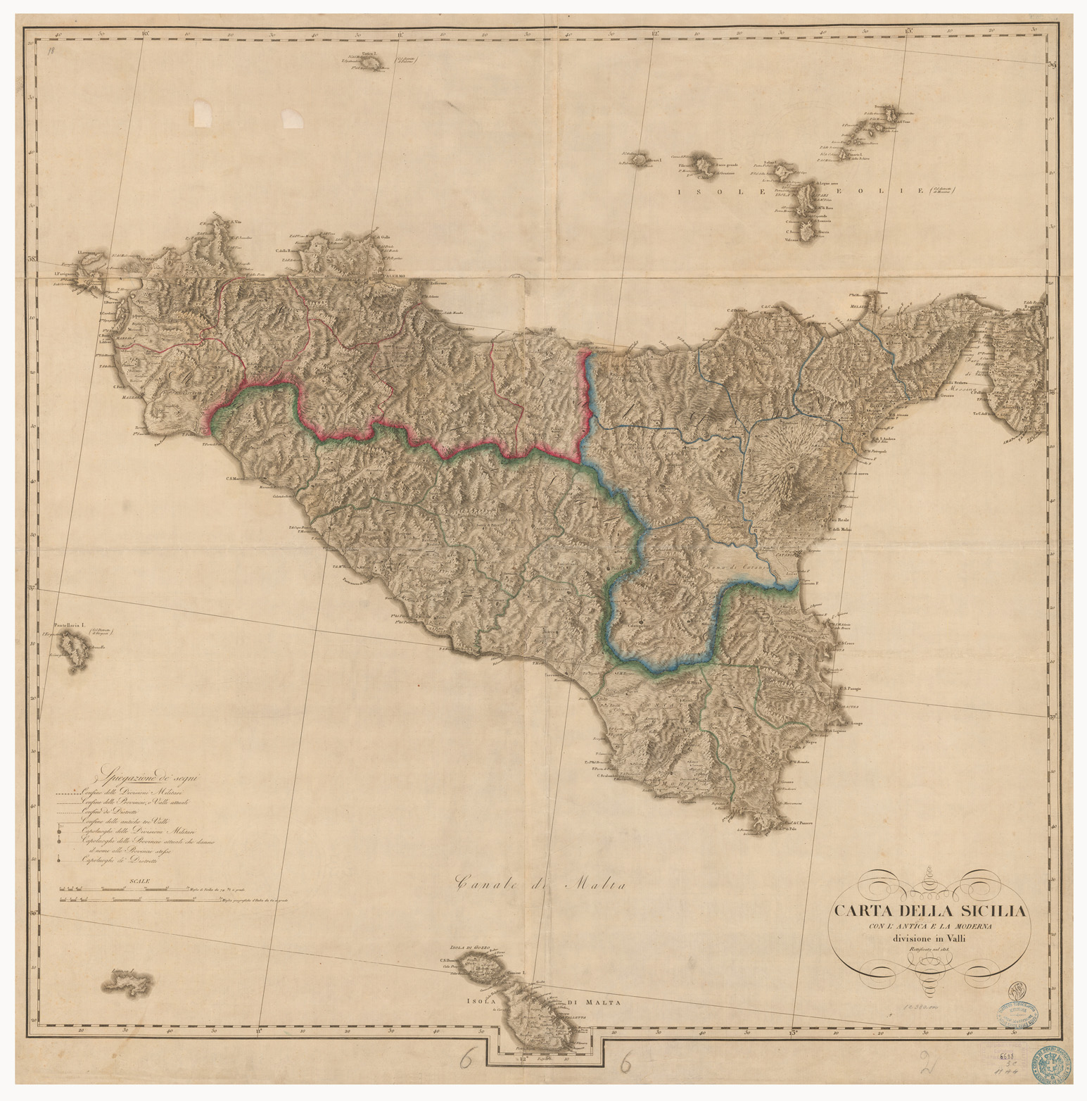 (N:3632) CARTA DELLA SICILIA CON L'ANTICA E LA MODERNA DIVISIONE IN VALLI RETTIFICATA NEL 1818 (s. a.) (B0005176) Carte e stampe antiche: riproduzione a colori su carta (formato A1)