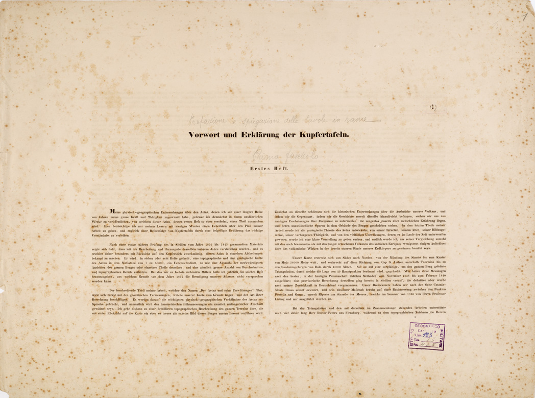 (N:284) I. CARTA TOPOGRAFICA DELL'ETNA... - II. CARTA GEOLOGICA DELL'ETNA... - Foglio 1 - Testo (B0005225) Carte e stampe antiche: riproduzione a colori su carta (formato A1)