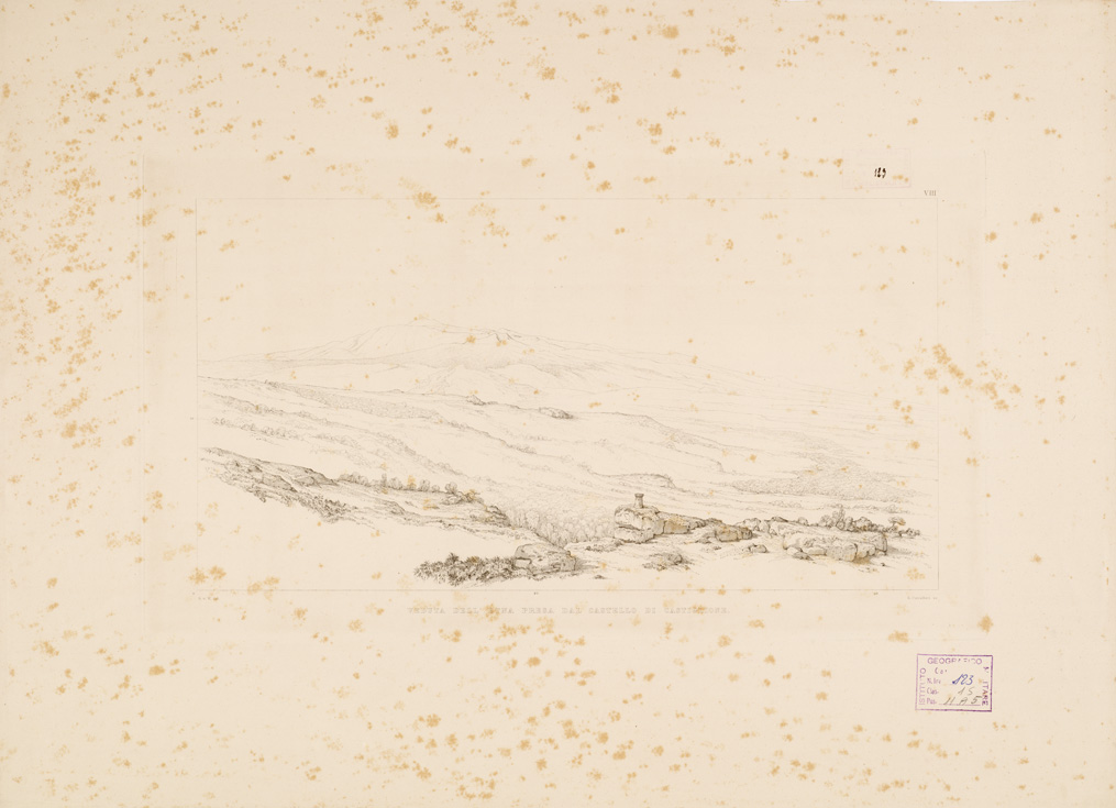 (N:267) I. CARTA TOPOGRAFICA DELL'ETNA... - II. CARTA GEOLOGICA DELL'ETNA... - Veduta VIII - Veduta dell'Etna presa dal Castello di Castiglione (B0005300) Carte e stampe antiche: riproduzione a colori su carta (formato A1)