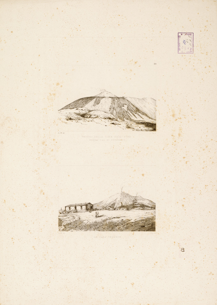 (N:268) I. CARTA TOPOGRAFICA DELL'ETNA... - II. CARTA GEOLOGICA DELL'ETNA... - Veduta XVI - Veduta della Cima dell'Etna presa dal M. Frumento-La casa inglese (B0005308) Carte e stampe antiche: riproduzione a colori su carta (formato A1)