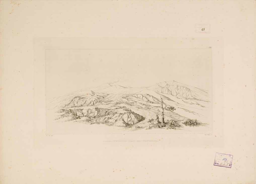 (N:260) I. CARTA TOPOGRAFICA DELL'ETNA... - II. CARTA GEOLOGICA DELL'ETNA... - Veduta XXIII - Etna veduto dal M. Veturo (B0005315) Carte e stampe antiche: riproduzione a colori su carta (formato A1)