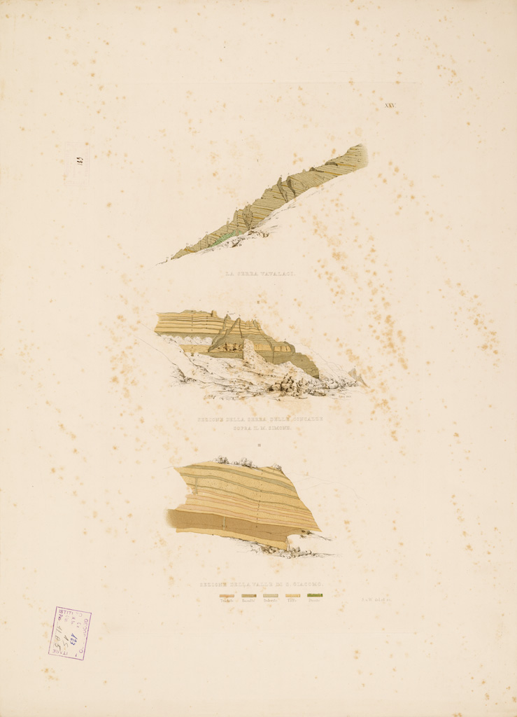 (N:252) I. CARTA TOPOGRAFICA DELL'ETNA... - II. CARTA GEOLOGICA DELL'ETNA... - Veduta XXV - La Serra Vavalaci-Sezione della Serra delle Concazze sopra il M. Simone-Sez. della Valle di S. Giacomo
 (B0005317) Carte e stampe antiche: riproduzione a colori su carta (formato A1)
