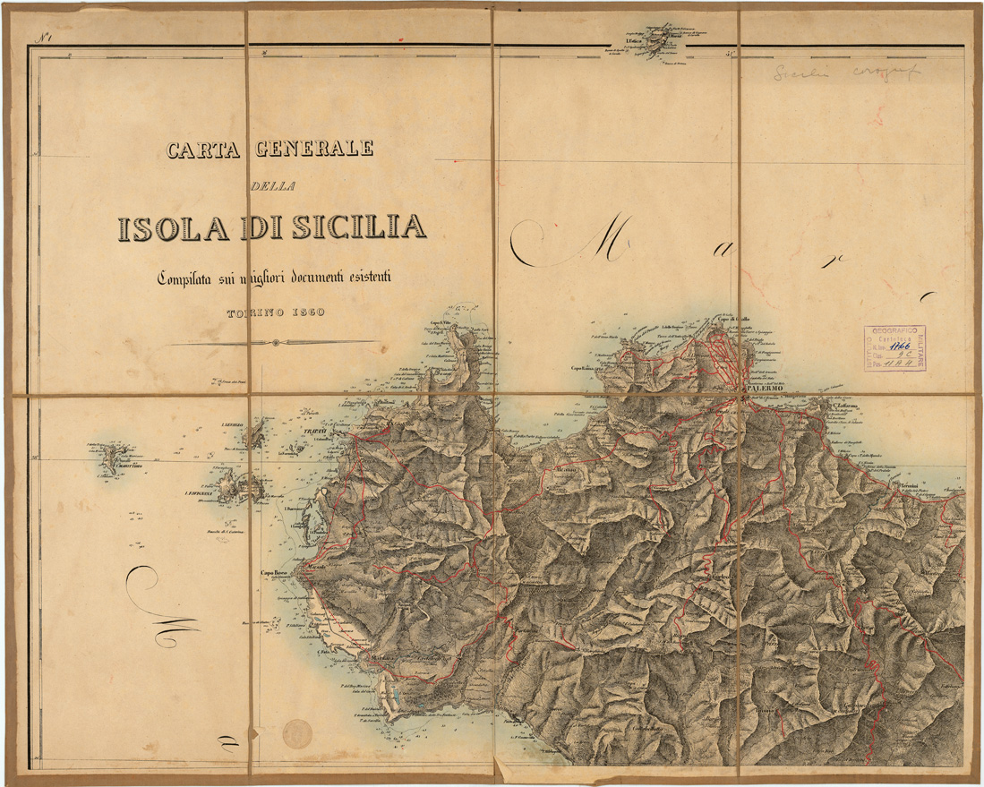 (N:4986) CARTA GENERALE DELL'ISOLA DI SICILIA COMPILATA SUI MIGLIORI DOCUMENTI ESISTENTI. TORINO - Foglio 1 - Trapani, Palermo (B0005335) Carte e stampe antiche: riproduzione a colori su carta (formato A1)