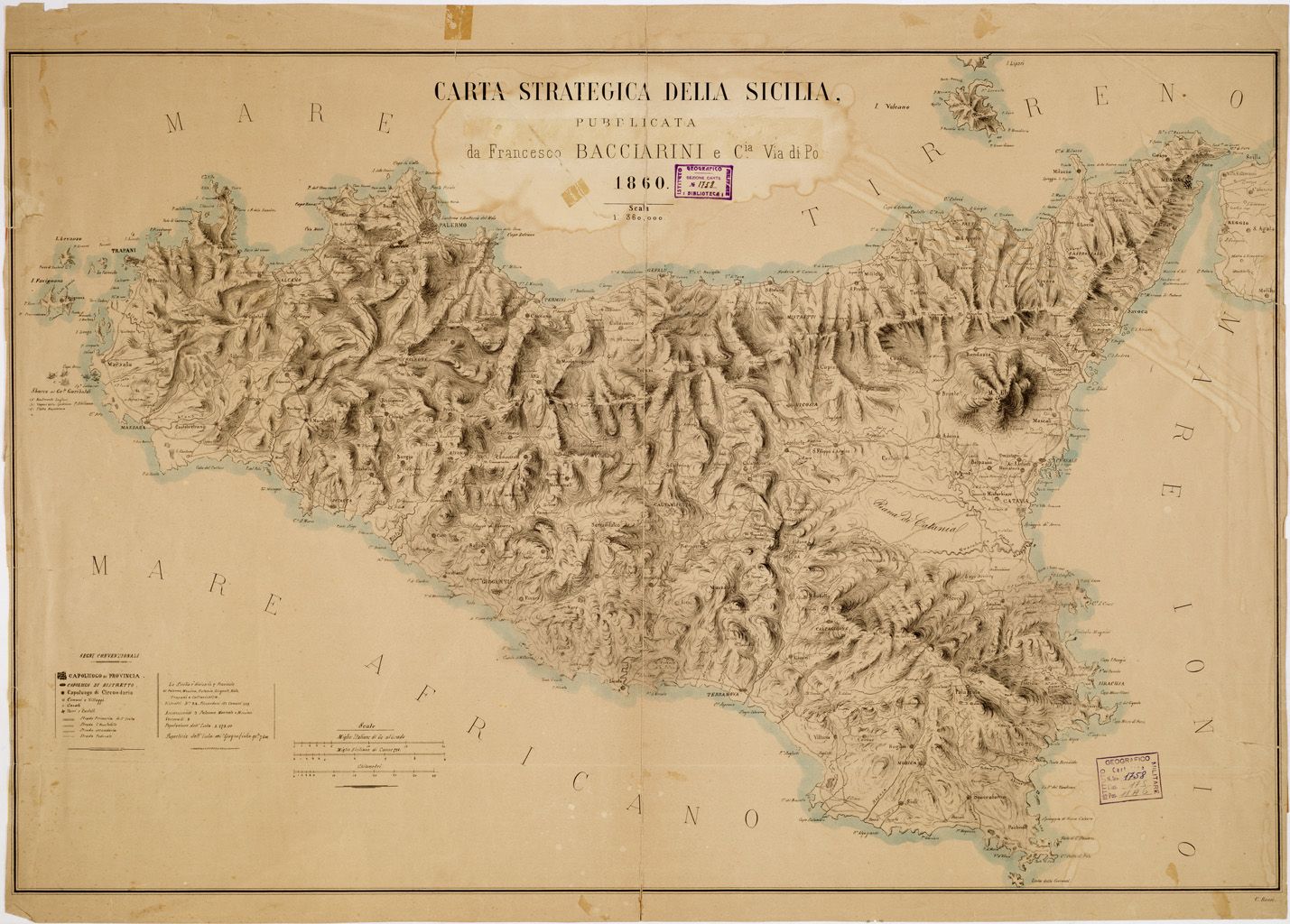 (N:5925) CARTA STRATEGICA DELLA SICILIA... (B0005343) Carte e stampe antiche: riproduzione a colori su carta (formato A1)