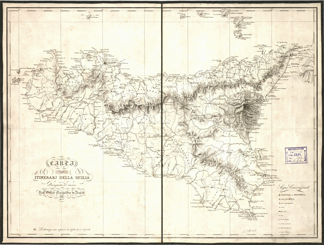 (N:1364) CARTA DEGLI ITINERARI DELLA SICILIA DISEGNATA ED INCISA NELL'OFFICIO TOPOGRAFICO IN NAPOLI (B0005348) Carte e stampe antiche: riproduzione a colori su carta (formato A1)