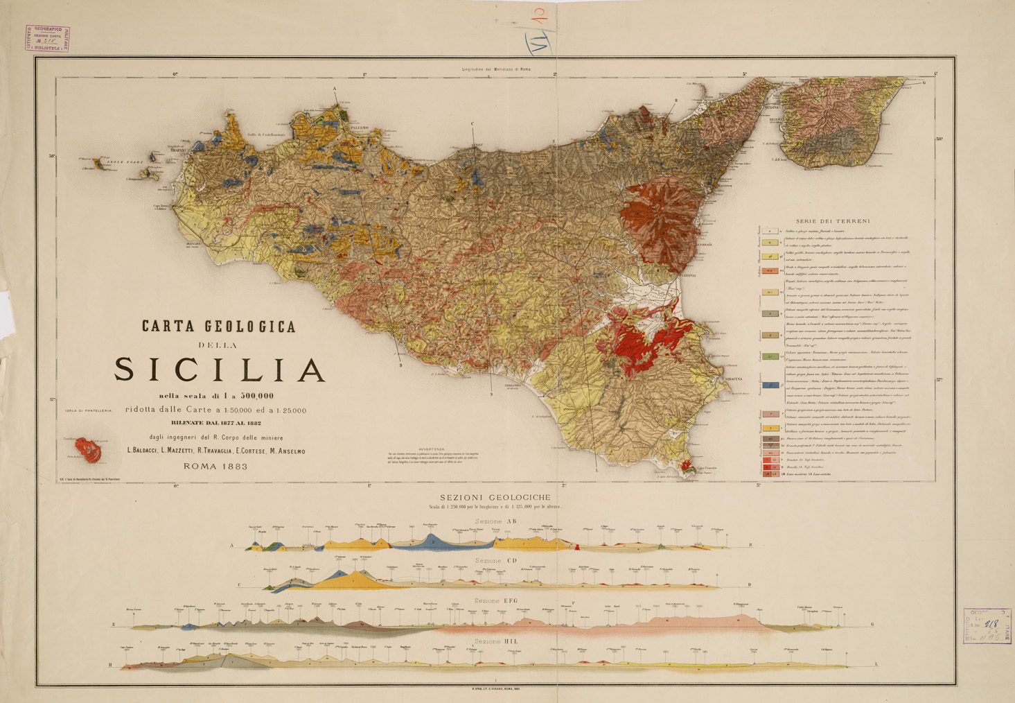 (N:5275) CARTA GEOLOGICA DELLA SICILIA (B0005369) Carte e stampe antiche: riproduzione a colori su carta (formato A1)