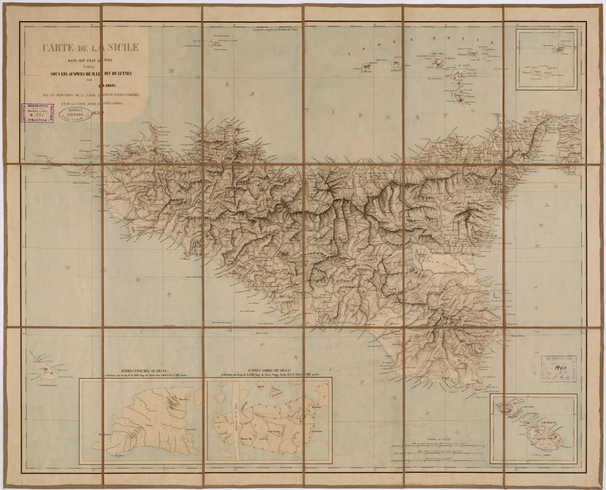(N:8488) CARTE DE LA SICILE DANS SON ETAT ACTUEL PUBLIEE SOUS LES AUSPICES DE M. LE DUC DE LUYNES PAR.... M. AMARI AVEC LES REDUCTIONS DE LA CARTE ANCIENNE D'APRES PTOLEMEE ET DE LA CARTE ARABE D'APRES EDRISI, 1859 - Sicilia, Isola di Malta (B0005372) Carte e stampe antiche: riproduzione a colori su carta (formato A1)