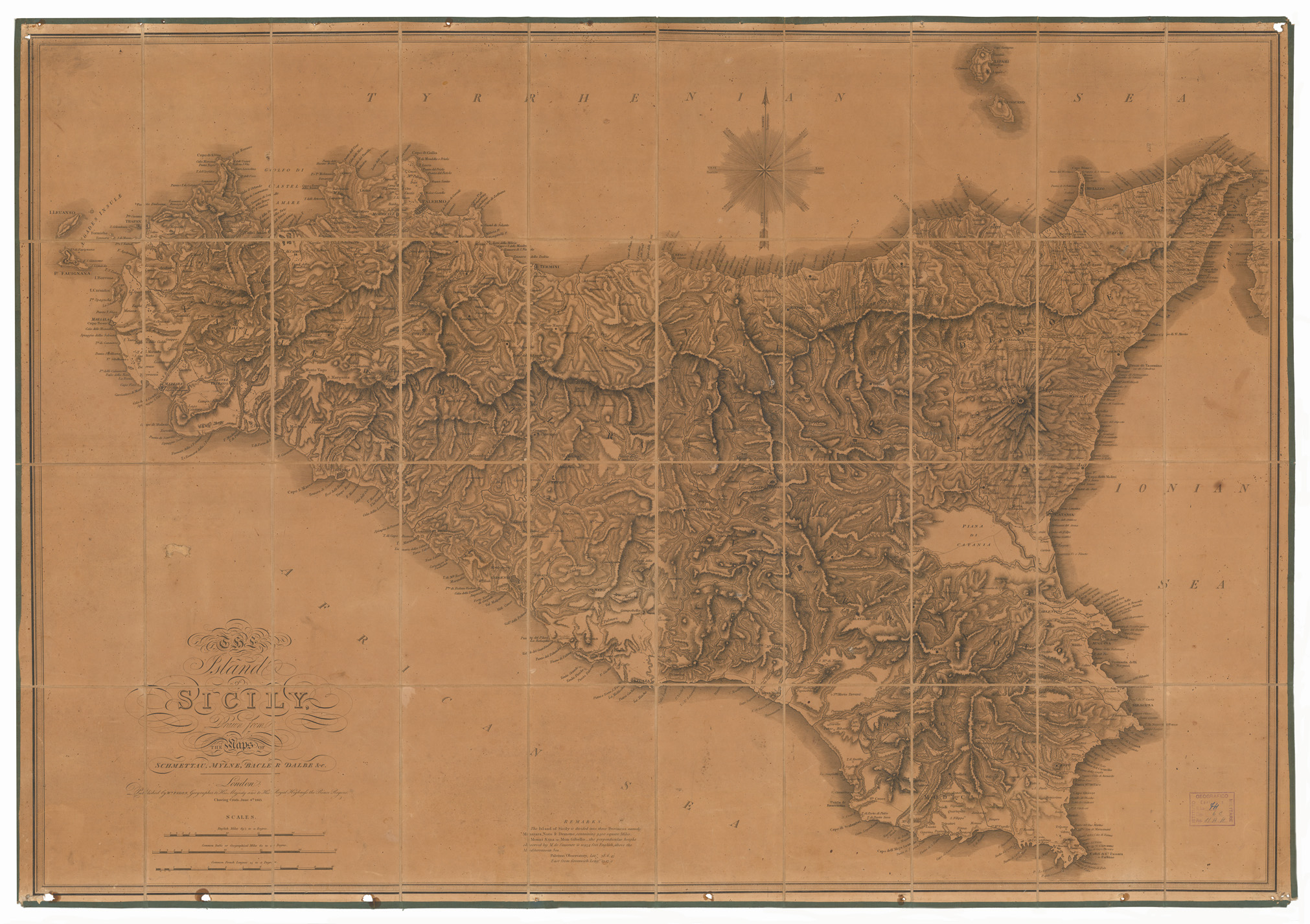 (N:15704) THE ISLAND OF SICILY DRAWN FROM THE MAPS OF SCHMETTAU, MYLNE, BACLER D'ALBE, ECC. LONDON PUBLISHED BY W. M. FADEN. GEOGRAPHER TO HIS MAJESTY AND TO HIS ROYAL HIGHNESS THE PRINCE REGENT 1813 - Sicilia (B0005374) Carte e stampe antiche: riproduzione a colori su carta (formato A1)