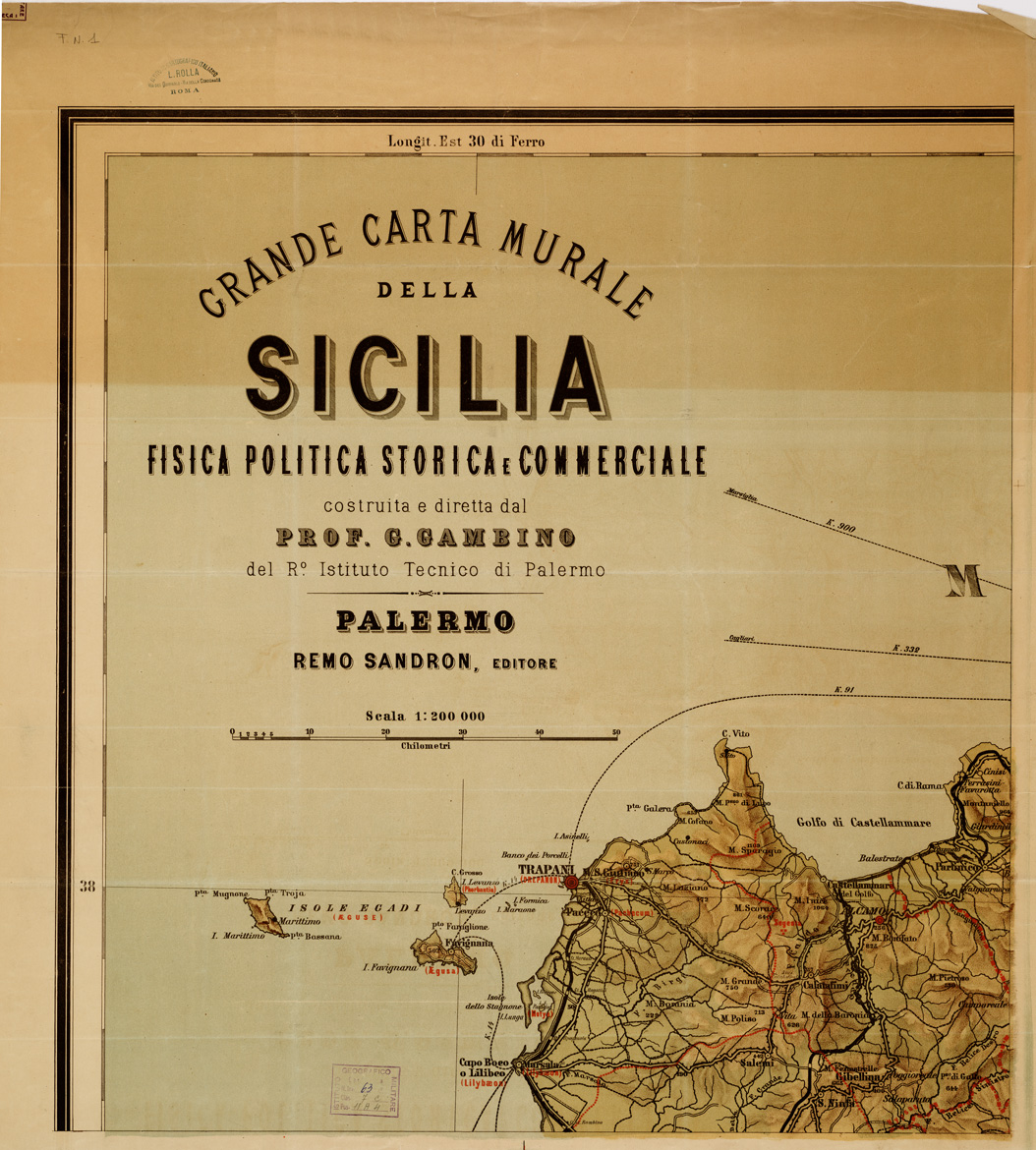(N:10489) GRANDE CARTA MURALE DELLA SICILIA FISICA, POLITICA, STORICA E COMMERCIALE COSTRUITA E DIRETTA DAL PROF. G. GAMBINO DEL R. ISTITUTO TECNICO DI PALERMO. PALERMO, REMO SANDRON EDIT - Foglio 1 - Trapani, Palermo (B0005376) Carte e stampe antiche: riproduzione a colori su carta (formato A1)