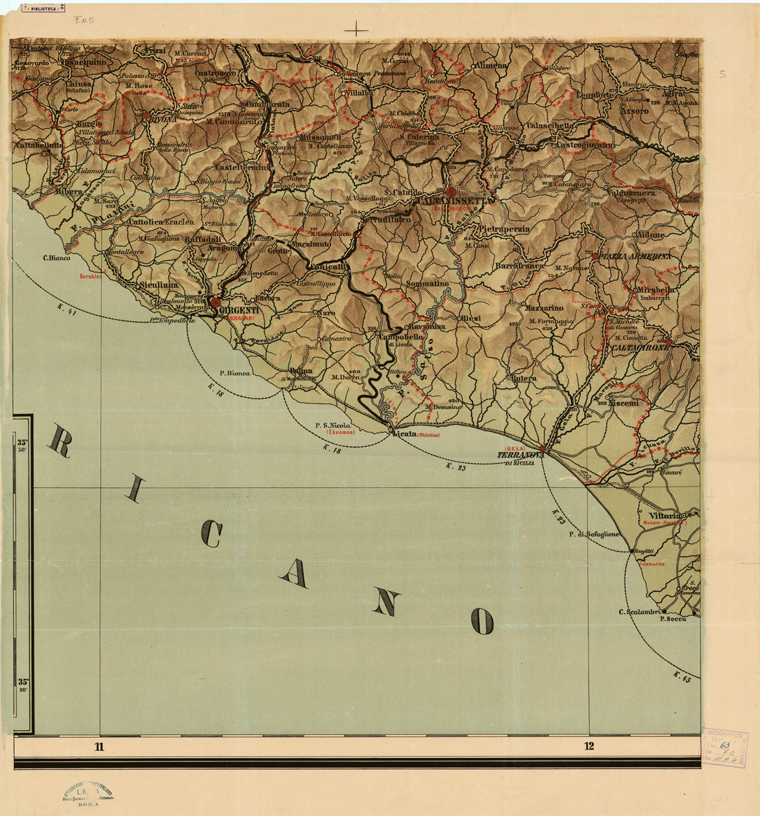 (N:10494) GRANDE CARTA MURALE DELLA SICILIA FISICA, POLITICA, STORICA E COMMERCIALE COSTRUITA E DIRETTA DAL PROF. G. GAMBINO DEL R. ISTITUTO TECNICO DI PALERMO. PALERMO, REMO SANDRON EDIT - Foglio 5 - Ragusa, Agrigento, Enna, Catania (B0005381) Carte e stampe antiche: riproduzione a colori su carta (formato A1)