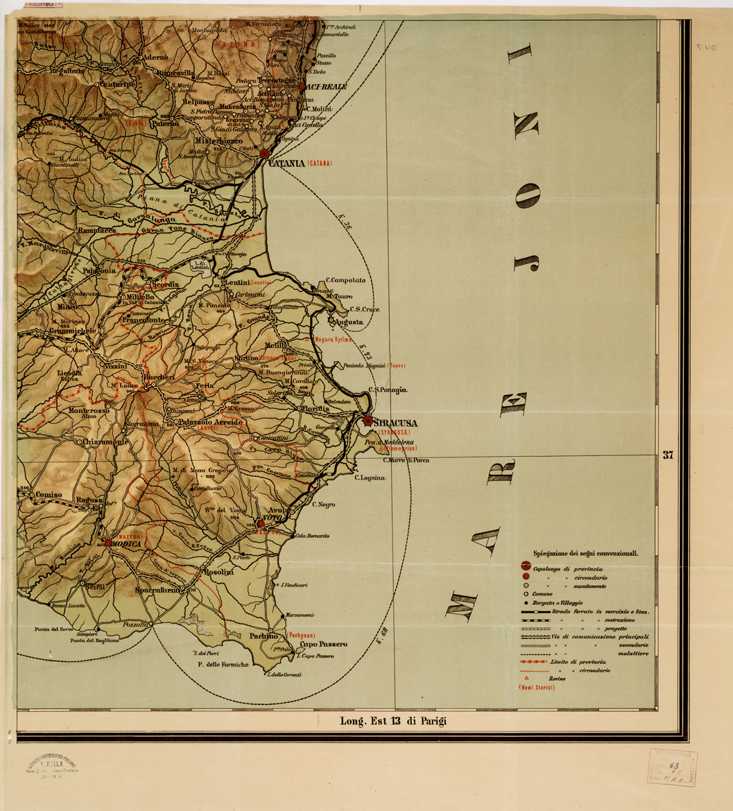 (N:10495) GRANDE CARTA MURALE DELLA SICILIA FISICA, POLITICA, STORICA E COMMERCIALE COSTRUITA E DIRETTA DAL PROF. G. GAMBINO DEL R. ISTITUTO TECNICO DI PALERMO. PALERMO, REMO SANDRON EDIT - Foglio 6 - Siracusa, Enna, Catania, Ragusa (B0005382) Carte e stampe antiche: riproduzione a colori su carta (formato A1)