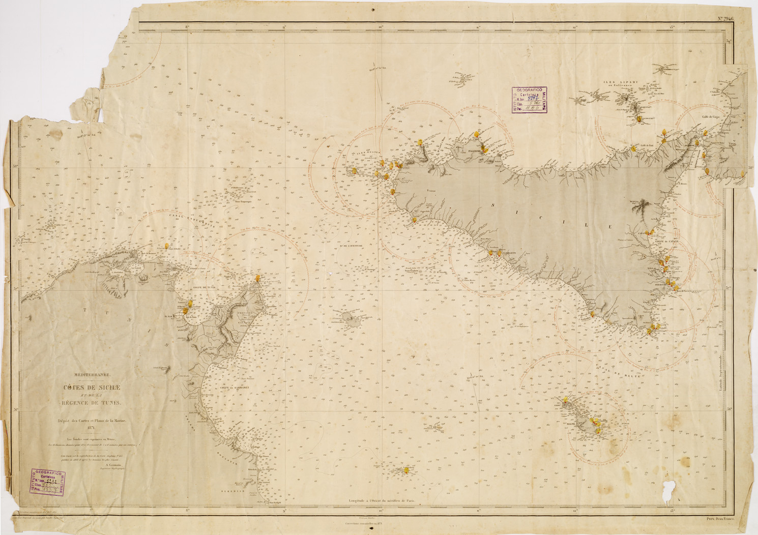 (N:9273) MEDITERRANEE. COTES DE SICILE ET DE LA REGENCE DE TUNIS DEPOT DES CARTES ET PLANS DE LA MARINE. 1871 - N 2946 (B0005384) Carte e stampe antiche: riproduzione a colori su carta (formato A1)