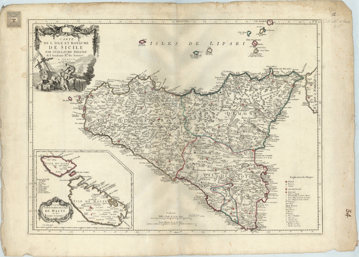 (N:8355) CARTE DI GEOGRAFIA-ATLANTE DEL SANTINI - Foglio 12-CARTE DE L'ISLE ET ROYAUME DE SICILE PAR GUILLAUME DELISLE DE L'ACADEMIE R.LE DES SCIENCES - Sicilia -Tavola 12 (B0005387) Carte e stampe antiche: riproduzione a colori su carta (formato A1)