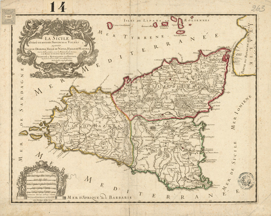 (N:11306) LA SICILE DIVISEE EN SES TROIS PROVINCES... - Sicilia (B0005389) Carte e stampe antiche: riproduzione a colori su carta (formato A1)