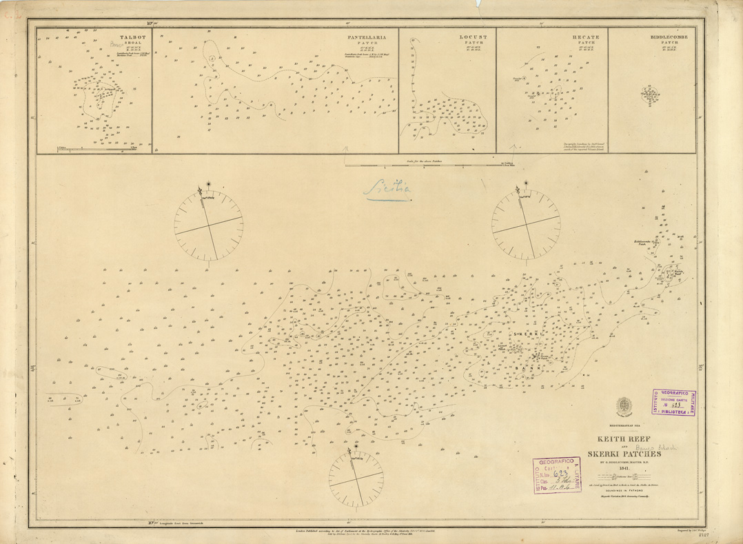 (N:11129) MEDITERRANEAN SEA. KEITH REEF AND SKERKI PATCHES II - BY CAPTAIN SMYTH. KNIGHT OF ST. FERDINAND AND MERIT (B0005399) Carte e stampe antiche: riproduzione a colori su carta (formato A1)
