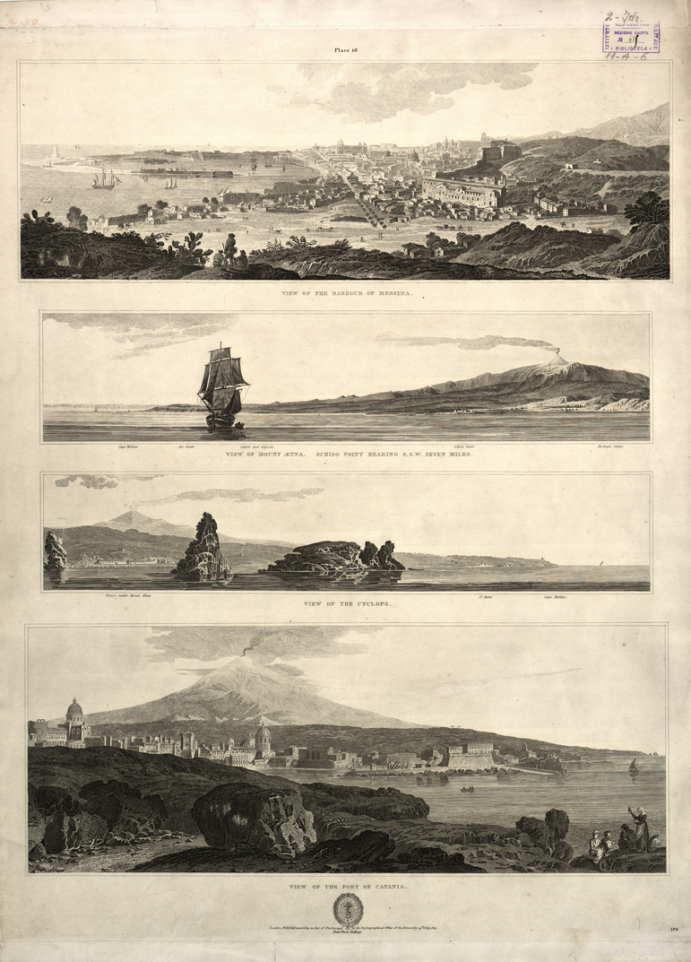 (N:12706) VIEW OF: THE HARBOUR OF MESSINA; MOUNT AETNA, SCHISO POINT BEARING S. S. W. SEVEN MILES; THE CYCLOPS; THE PORT OF CATANIA (B0005414) Carte e stampe antiche: riproduzione a colori su carta (formato A1)