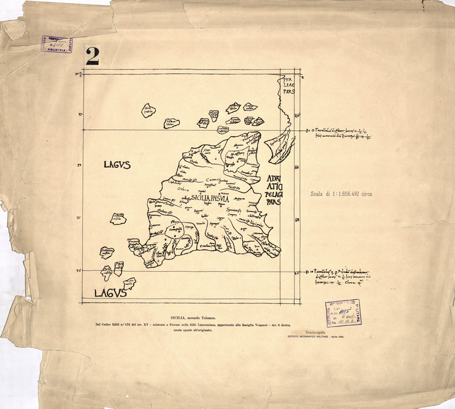 (N:15867) SICILIA SECONDO TOLOMEO (B0005418) Carte e stampe antiche: riproduzione a colori su carta (formato A1)