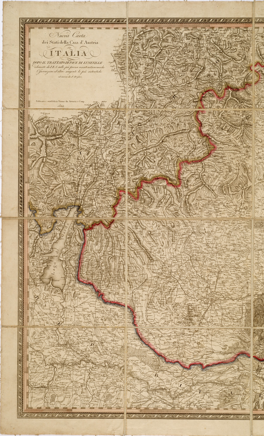 (N:12989) NUOVA CARTA DEGLI STATI DELLA CASA D'AUSTRIA IN ITALIA DOPO IL TRATTATO DI PACE DI LUNEVILLE DELINEATA DA I.E.S. SULLE PIU' PRECISE RECENTI ASTRONOMICHE OSSERVAZIONI ED ALTRE SORGENTI LE PIU' ANTICHE ED INCISA DA F. REISSER (B0005517, B0005518, B5517-18) Carte e stampe antiche: riproduzione a colori su carta (formato A1)