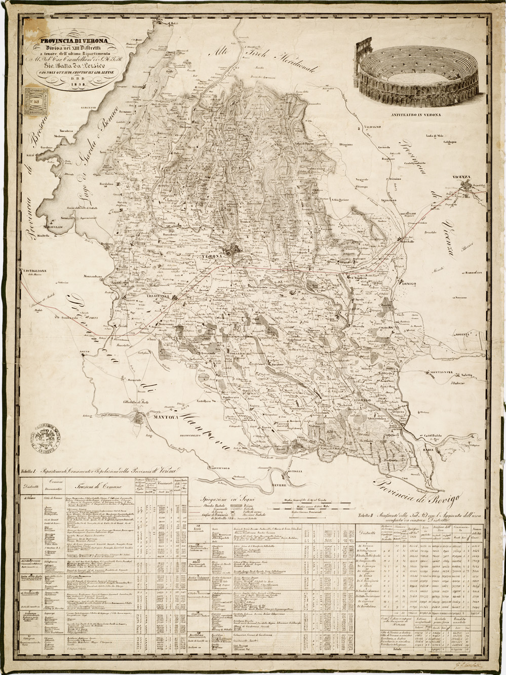 (N:14486) PROVINCIA DI VERONA .DIVISA IN XIII DISTRETTI A TENORE DELL'ULTIMO RIPARTIMENTO. AL NOBIL CAV. CIAMBELLANO DI S. M. P. R. GIO. BATTA DA PERSICO, CAGNOLI OTTAVIO, CRISTOFALI GIO. ALVISE D. D. D. LIT. GUELMI IN VERONA. (B0005525) Carte e stampe antiche: riproduzione a colori su carta (formato A1)