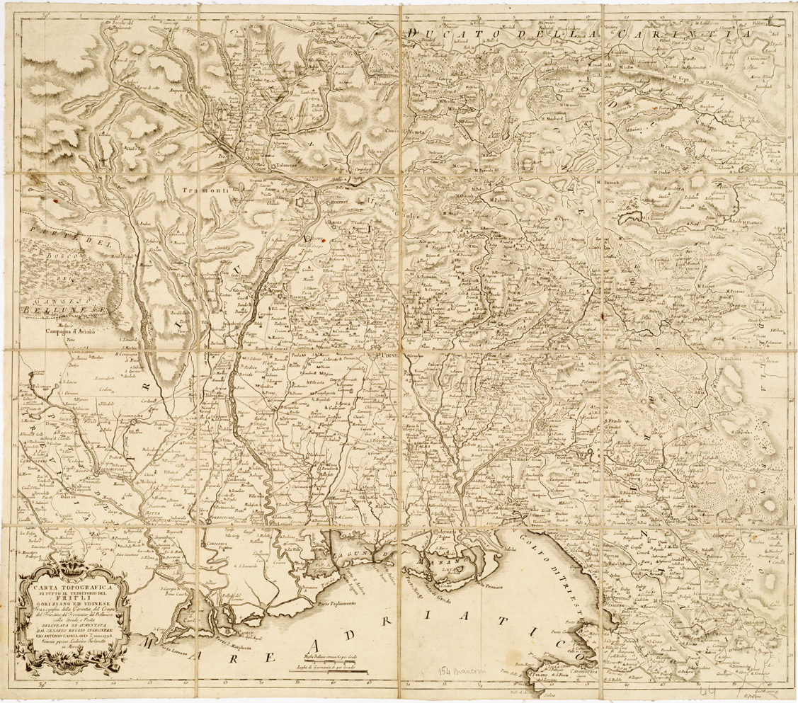 (N:8242) CARTA TOPOGRAFICA DI TUTTO IL TERRITORIO DEL FRIULI GORIZIANO ED UDINESE FRA I CONFINI DELLA CARINTIA, DEL CRAGNO, DEL TRIESTINO, DEL TREVISANO, DEL BELLUNESE COLLE STRADE E POSTE DELINEATA ED AUMENTATA DAL CESAREO REGGIO INGEGNERE GIO. A. CAPELLARIS ... (B0005527) Carte e stampe antiche: riproduzione a colori su carta (formato A1)