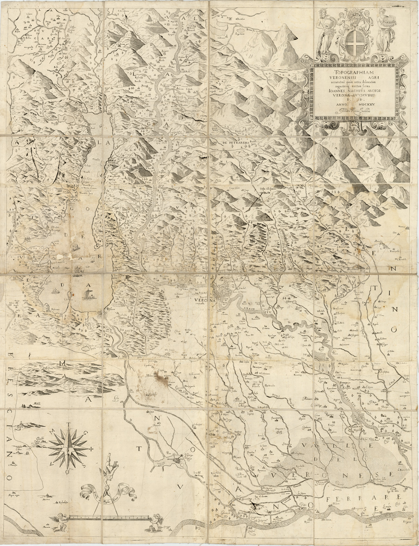 (N:13196) TOPOGRAPHIAM VERONENSIS AGRI ACCURATIUS QUAM ANTEA DELINEATAM AUGUSTIORIQ AUCTAM FORMA JOANNES NACHIUS AUCTOR VERONAE DUUMVIRIS D. D. ANNO MDCXXV. ALBERTUS RONCUS INCIDEBAT (B0005534) Carte e stampe antiche: riproduzione a colori su carta (formato A1)