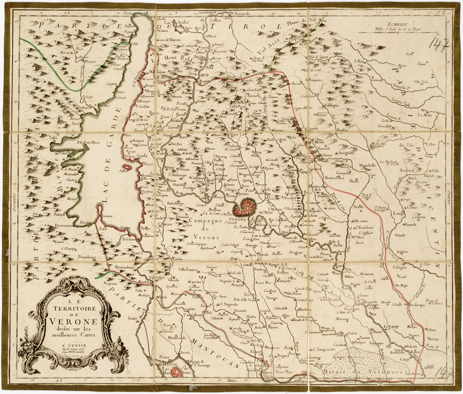 (N:16456) LE TERRITOIRE DE VERONE DRESSE SUR LES MEILLEURES CARTES. A VENISE PAR P. SANTINI. CHEZ M. REMONDINI. (B0005537) Carte e stampe antiche: riproduzione a colori su carta (formato A1)