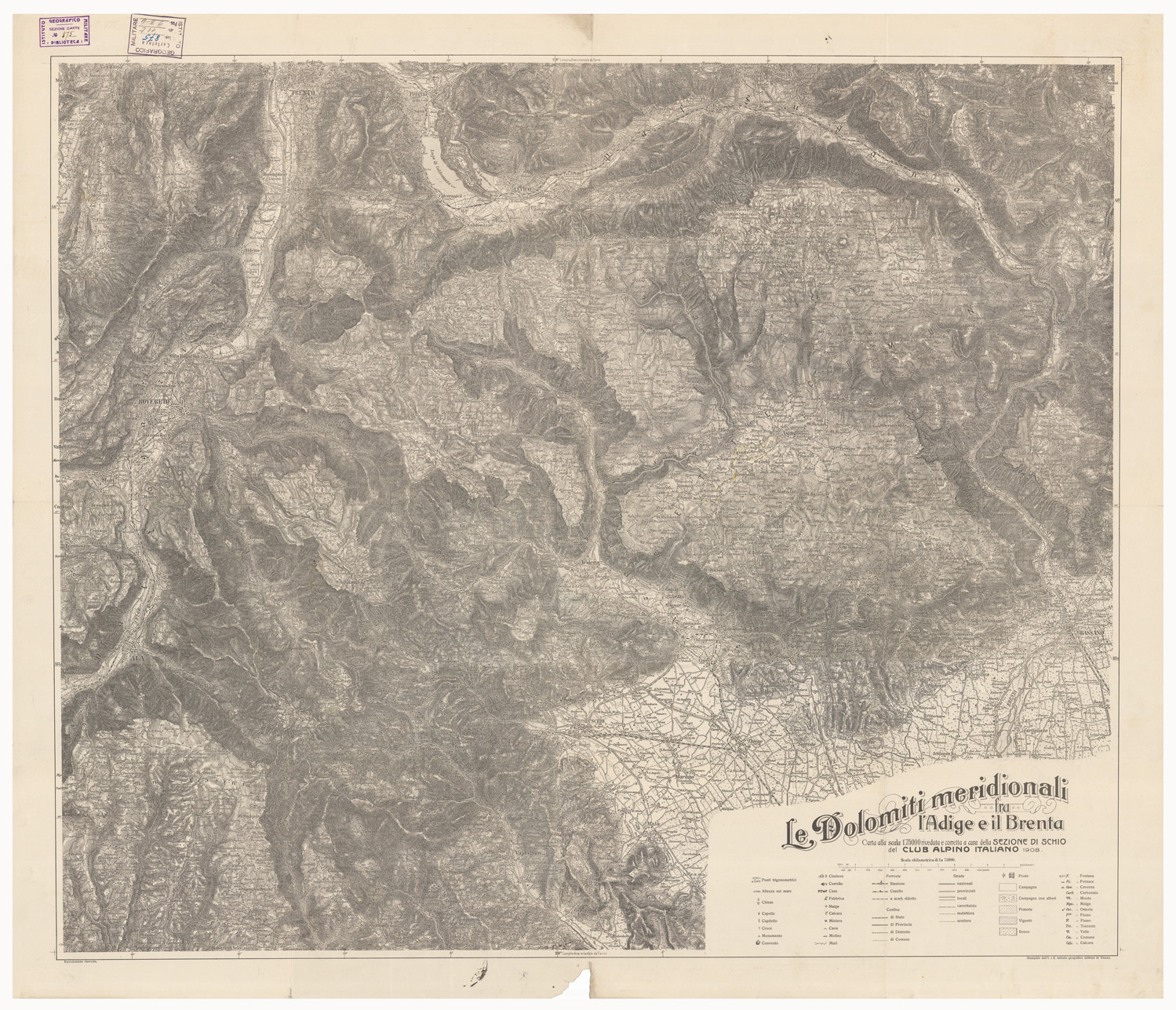 (N:11437) LE DOLOMITI MERIDIONALI FRA L'ADIGE E IL BRENTA (B0005560) Carte e stampe antiche: riproduzione a colori su carta (formato A1)