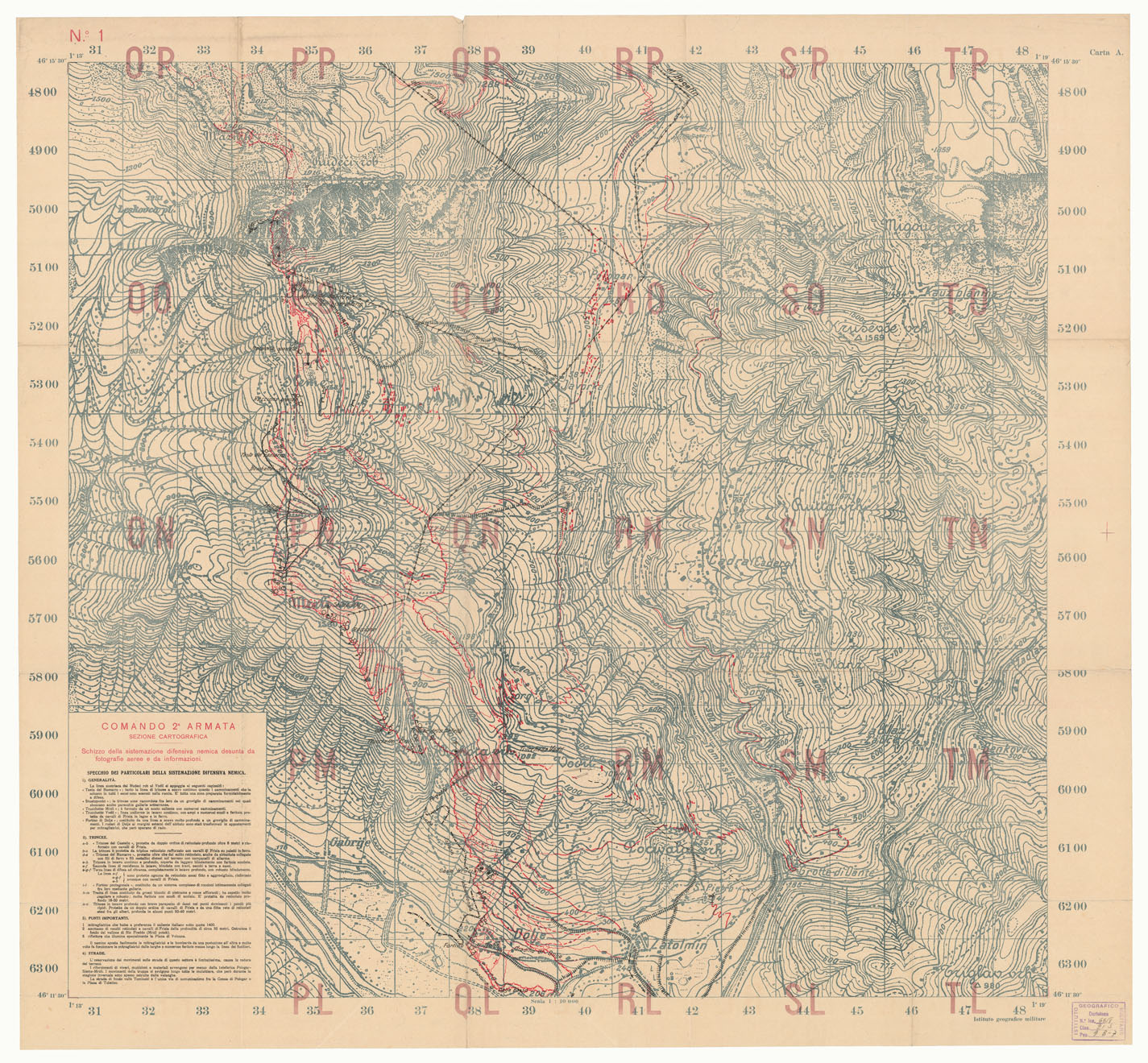 (N:8697) CENNI SULLA SISTEMAZIONE DIFENSIVA AUSTRIACA DELLA TESTA DI PONTE DI TOLMINO DAL REDUCI ROB (MONTE NERO) ALL'AVSCEK POTOK (AUZZA) - Foglio 1 (B0005568) Carte e stampe antiche: riproduzione a colori su carta (formato A1)