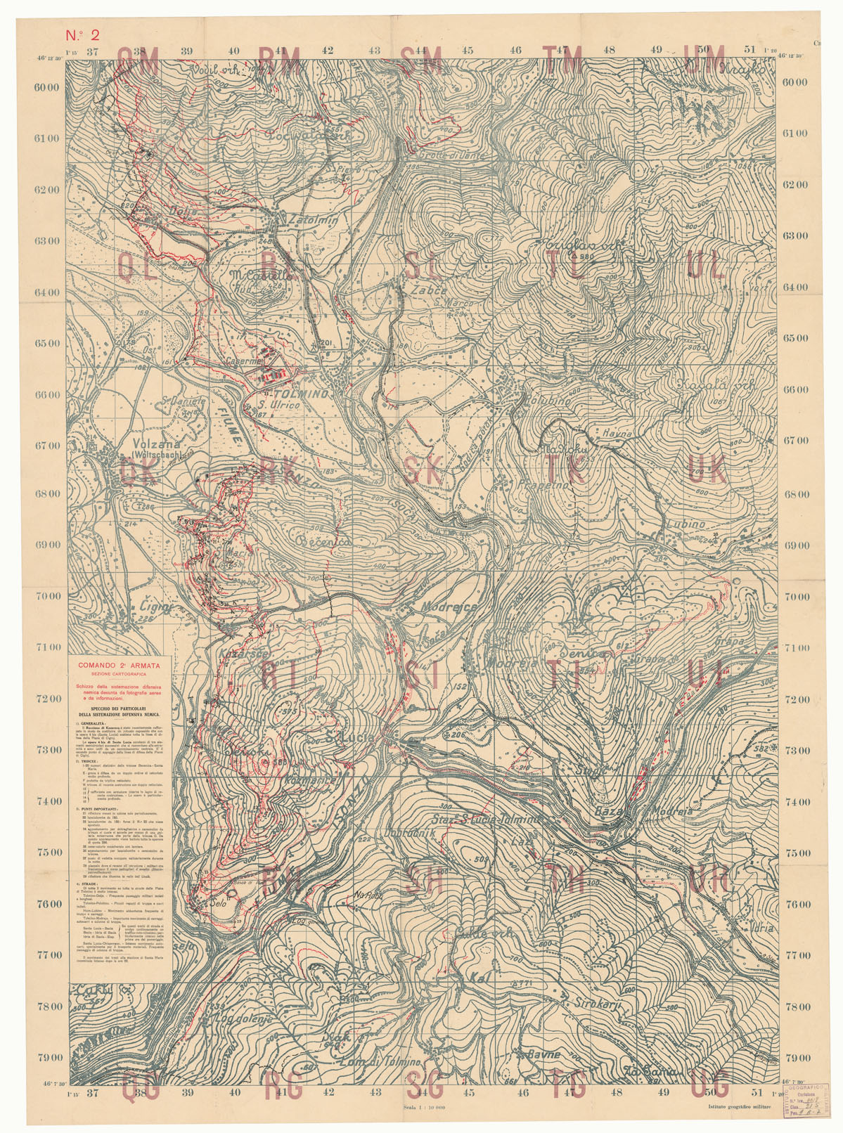 (N:8699) CENNI SULLA SISTEMAZIONE DIFENSIVA AUSTRIACA DELLA TESTA DI PONTE DI TOLMINO DAL REDUCI ROB (MONTE NERO) ALL'AVSCEK POTOK (AUZZA) - Foglio 2 (B0005570) Carte e stampe antiche: riproduzione a colori su carta (formato A1)