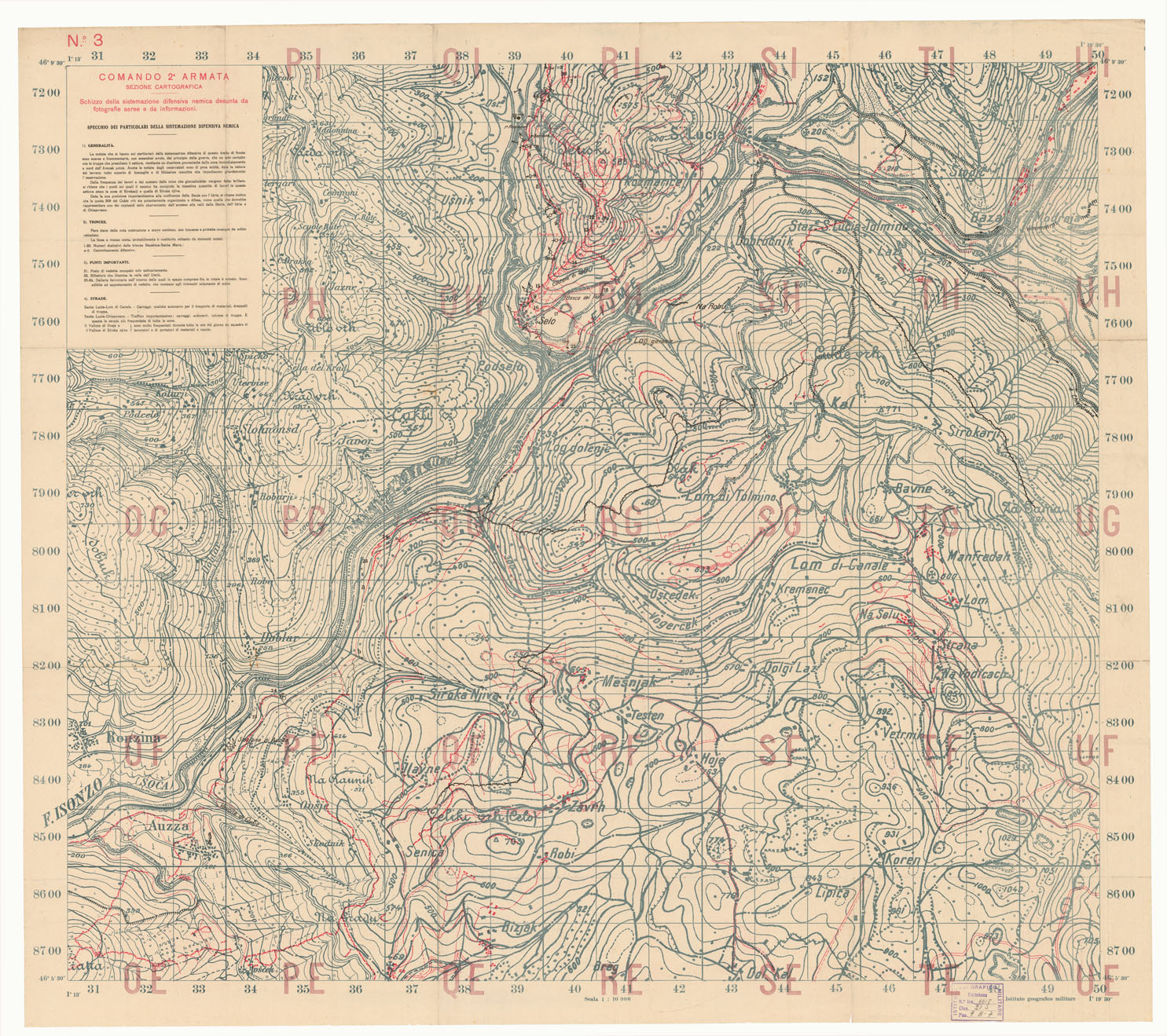 (N:8701) CENNI SULLA SISTEMAZIONE DIFENSIVA AUSTRIACA DELLA TESTA DI PONTE DI TOLMINO DAL REDUCI ROB (MONTE NERO) ALL'AVSCEK POTOK (AUZZA) - Foglio 3 (B0005572) Carte e stampe antiche: riproduzione a colori su carta (formato A1)
