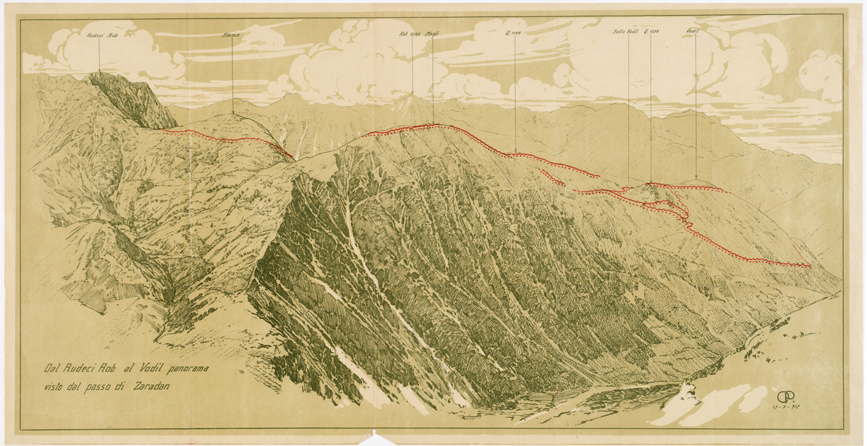 (N:8704) CENNI SULLA SISTEMAZIONE DIFENSIVA AUSTRIACA DELLA TESTA DI PONTE DI TOLMINO DAL REDUCI ROB (MONTE NERO) ALL'AVSCEK POTOK (AUZZA) - Schizzo panoramico n. 2 (B0005575) Carte e stampe antiche: riproduzione a colori su carta (formato A1)